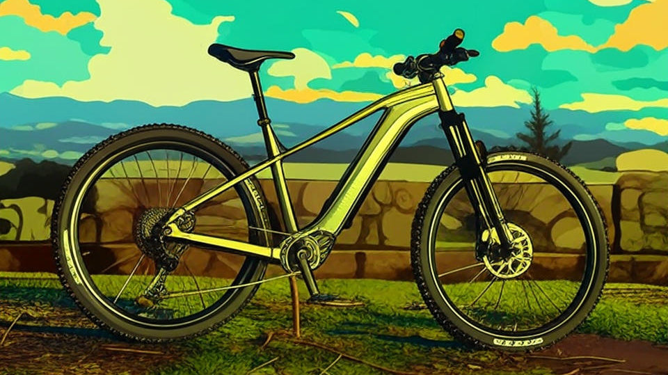 Vibrant Aventon Ramblas e-MTB 2025 in colorful landscape, featuring green frame, teal wheels, and orange flowers, ideal for CyclErie Erie CO trails