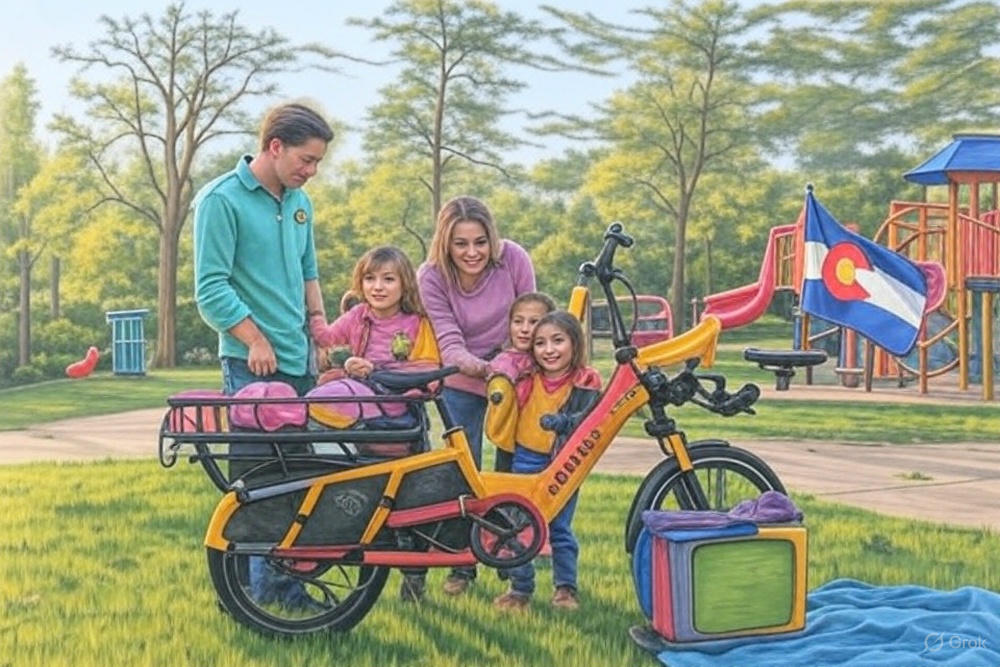 Aventon cargo e-bike with kids at Colorado park, playground, flag, picnic.