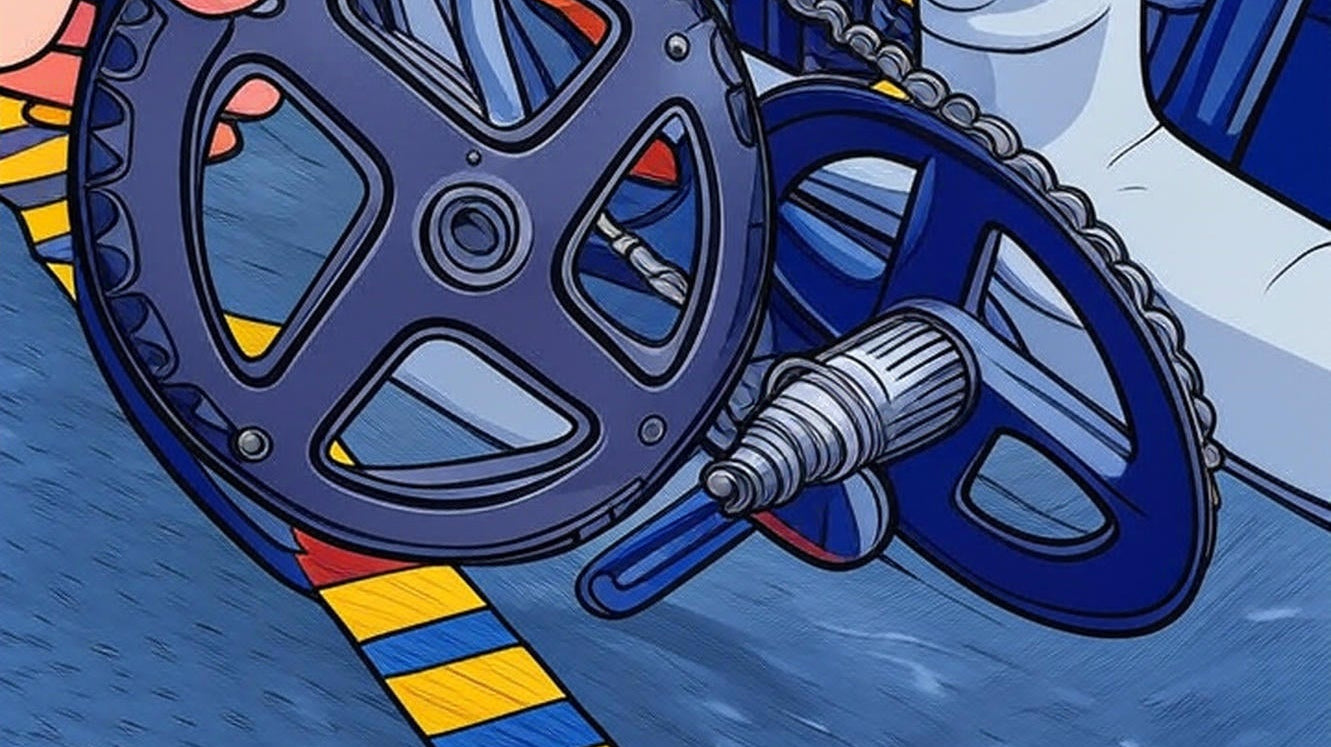 Cartoon of bike repair at CyclErie with chainring, drivetrain, and text