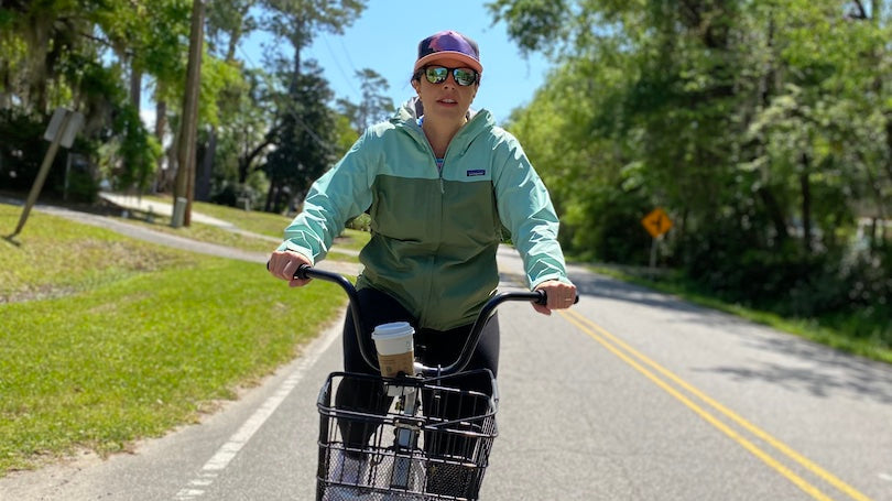 Woman Riding eBIke and Beautifil Spring Day