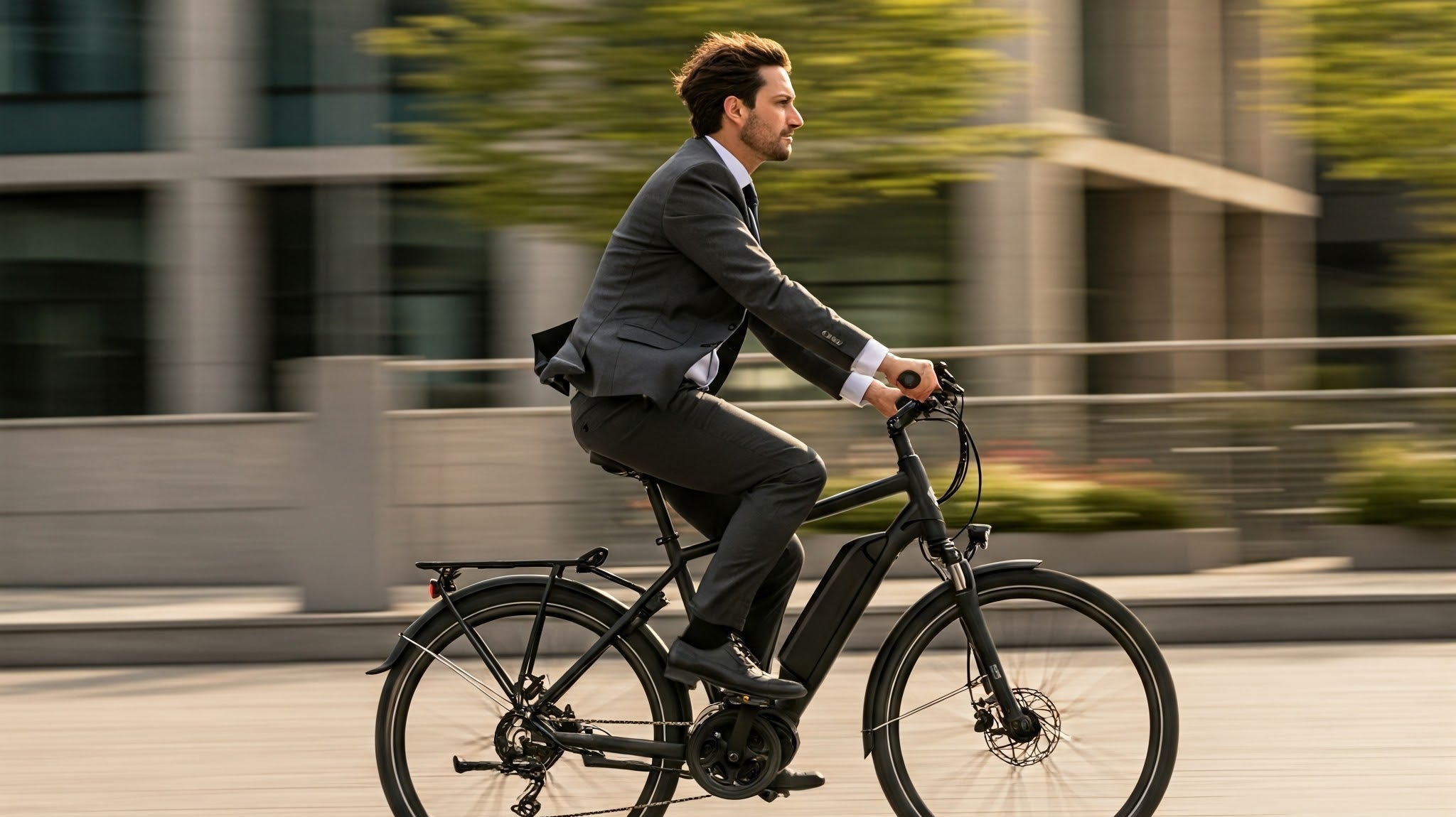 Man Riding an Electric Bicycle FAST in a business suit