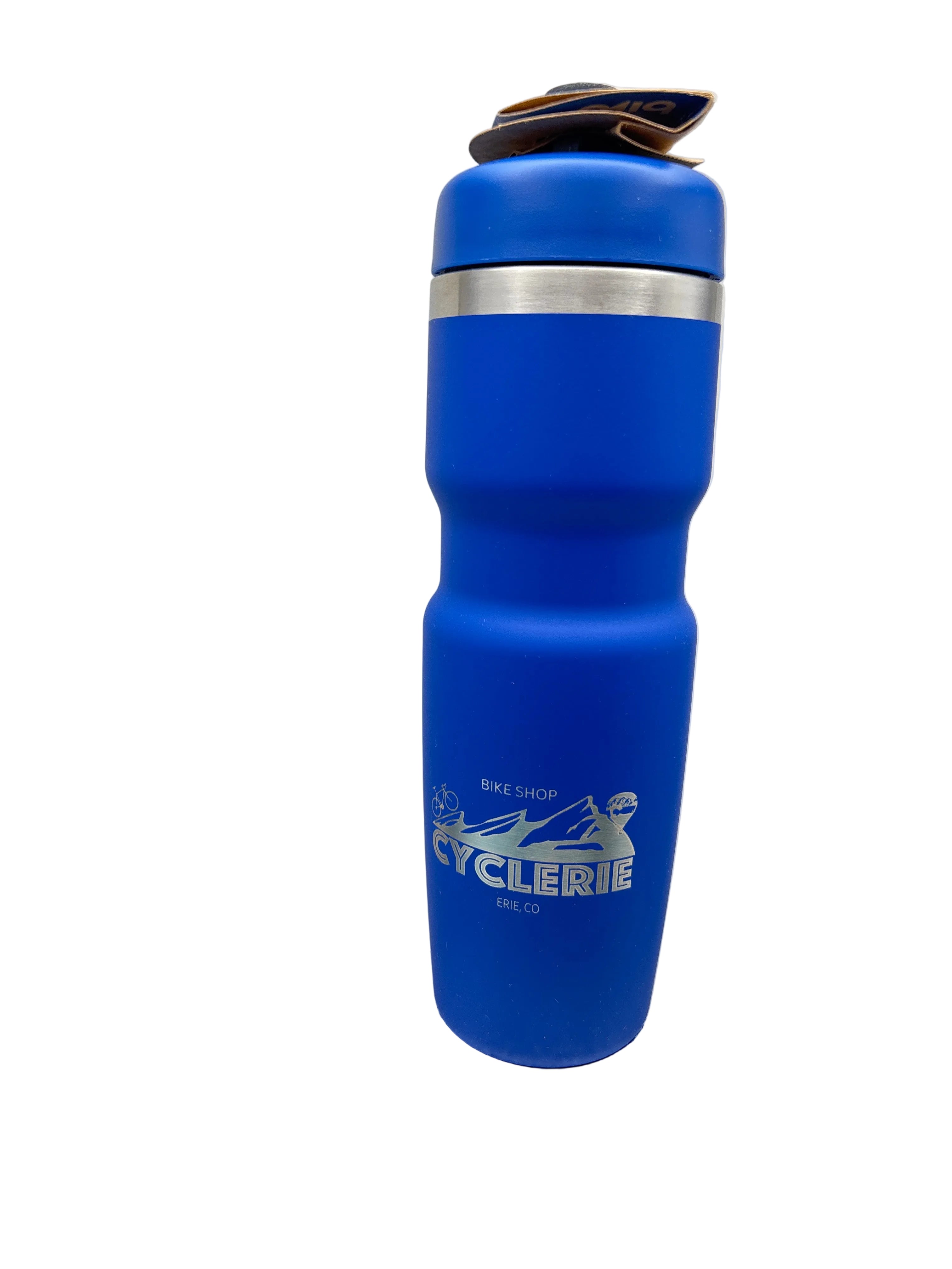 Blue water bottle with a CyclErie Logo Colorado on a textured surface