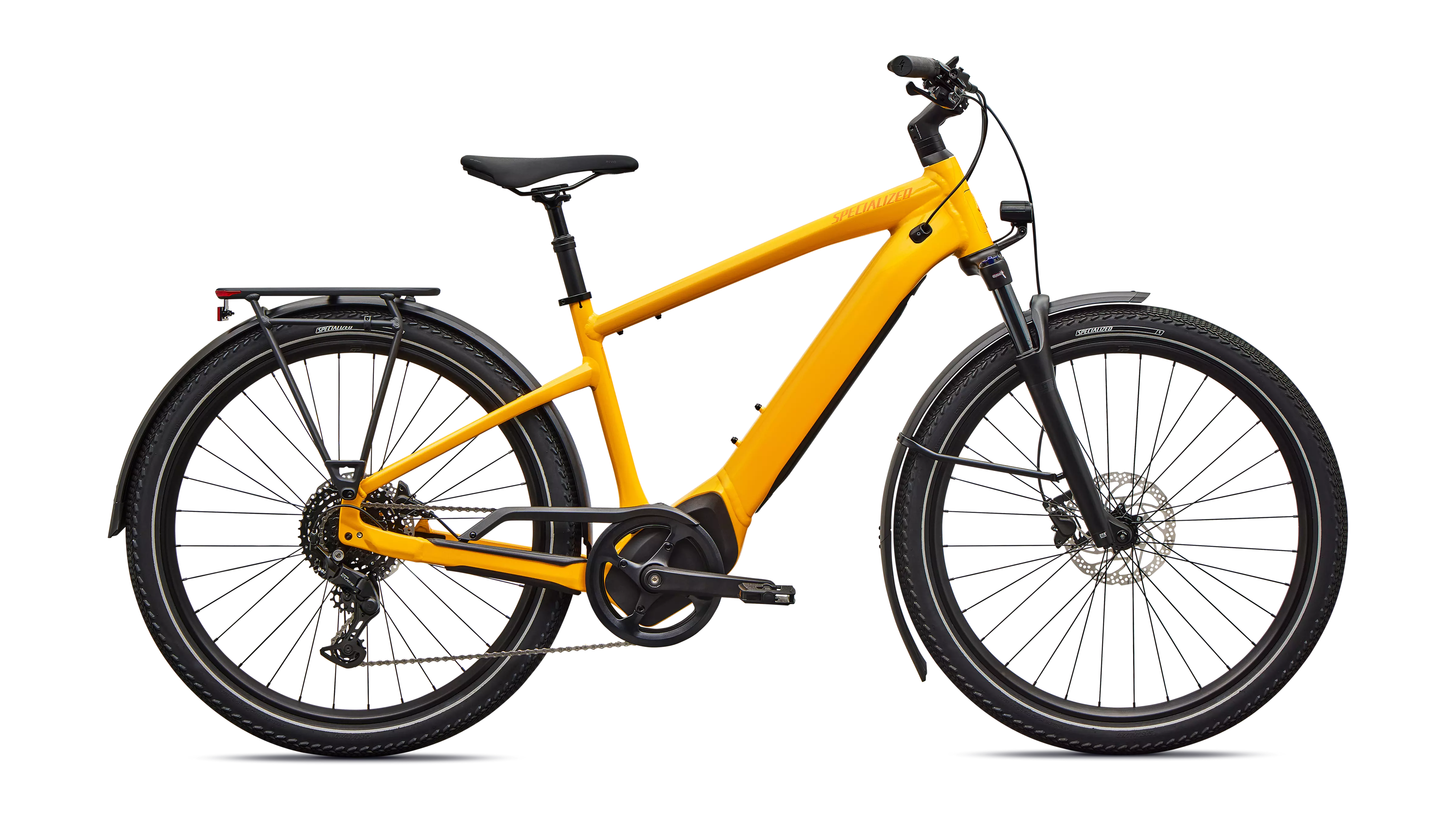 Turbo Vado 4.0 parked outside CyclErie shop in Boulder, removable downtube battery half-inserted, Turbo System Lock engaged on the Specialized app screen.