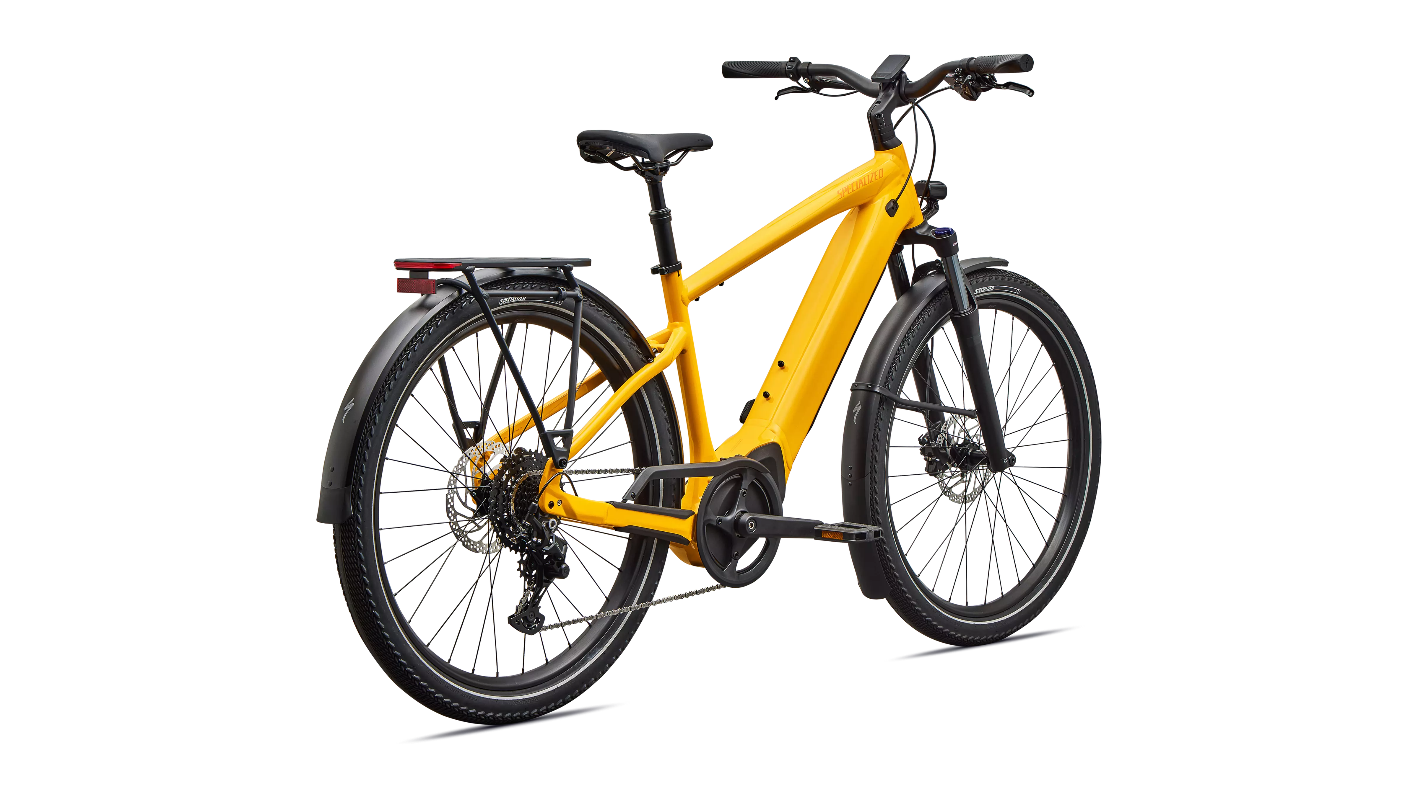 Rear view of the Turbo Vado 4.0 loaded with a child seat on the 27kg HD rack, Pathfinder 2.3" tires gripping wet pavement, and integrated taillight glowing.