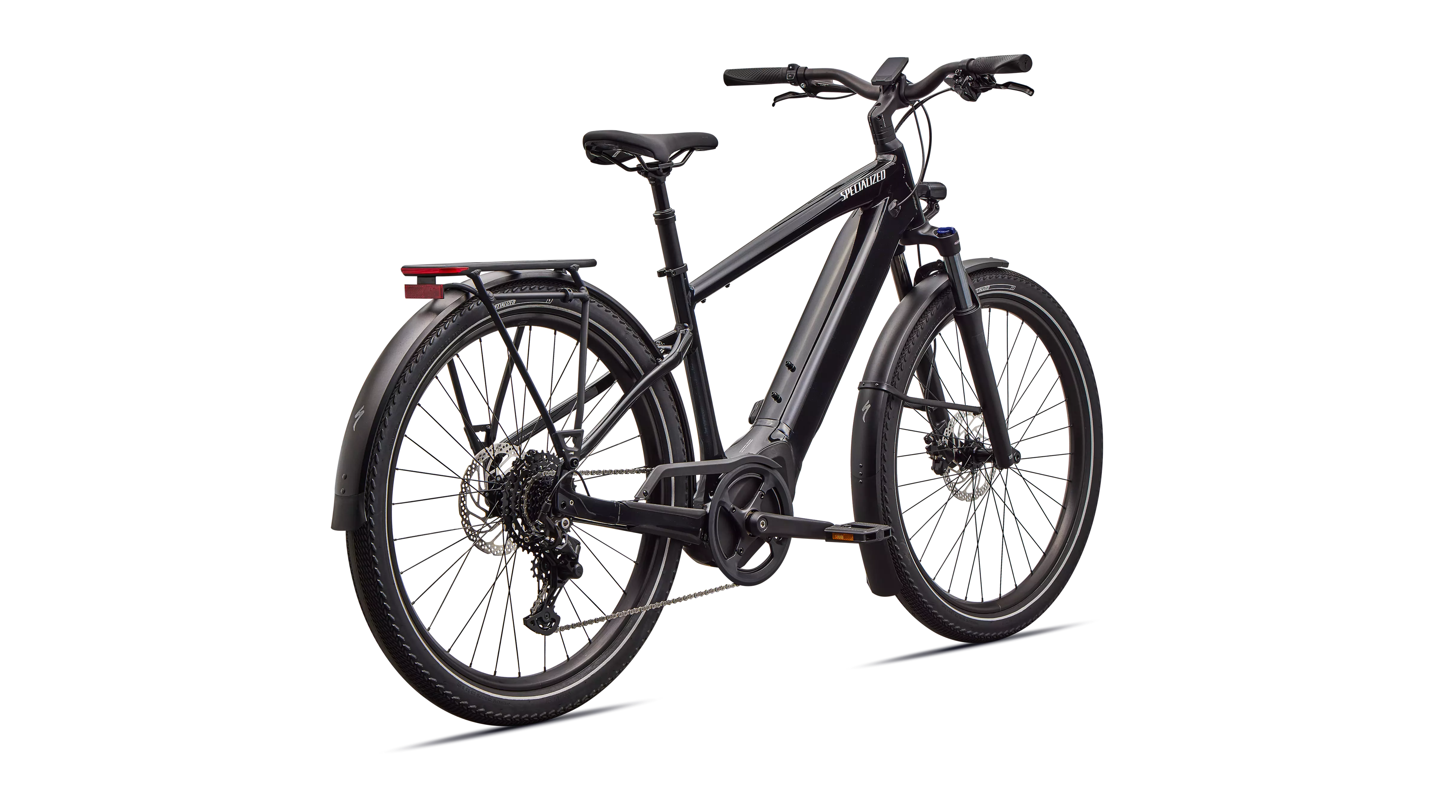 Close-up of MasterMind TCU display on the Turbo Vado 4.0, showing real-time speed, battery range, and power mode while cruising at 28 mph through downtown Erie.