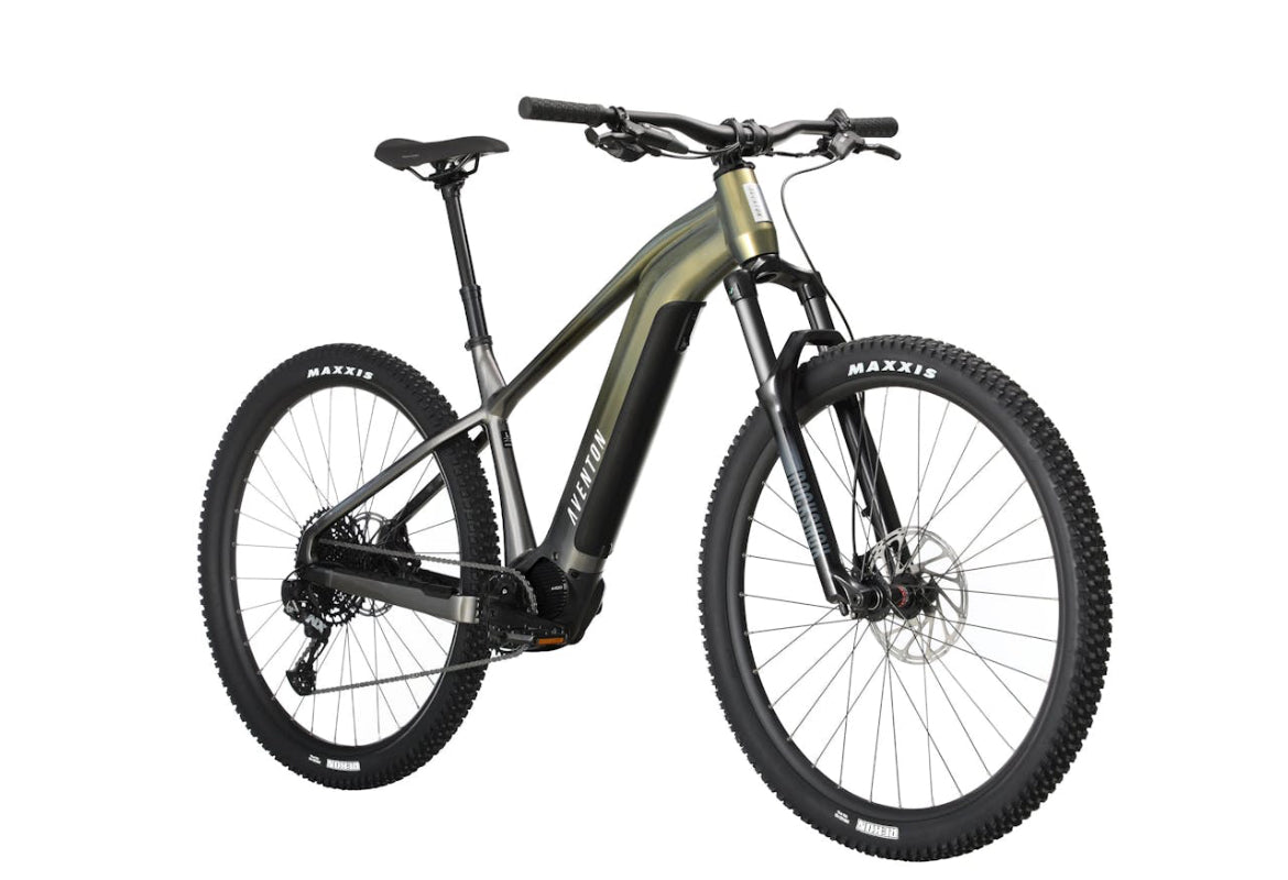 Aventon Ramblas, one of the best electric mountain bikes for sale, displayed in CyclErie’s ebike shop in Erie, CO.
