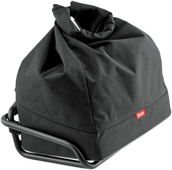 The Benno Utility Front Tray Bag - Black by Benno features a fabric covering, Velcro tabs for secure closure, a sturdy metal frame, and a small red label on the front.
