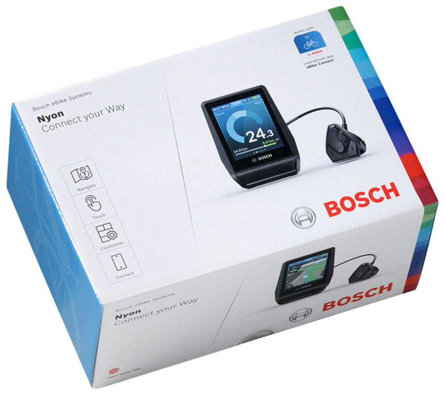 Bosch Nyon Retrofit Kit components, including the Nyon head unit with color touchscreen, display holder, control unit, downtube cable, and handlebar shims (31.8 mm, 25.4 mm, 22.2 mm), arranged neatly against a white background for CyclErie’s Shopify store.
