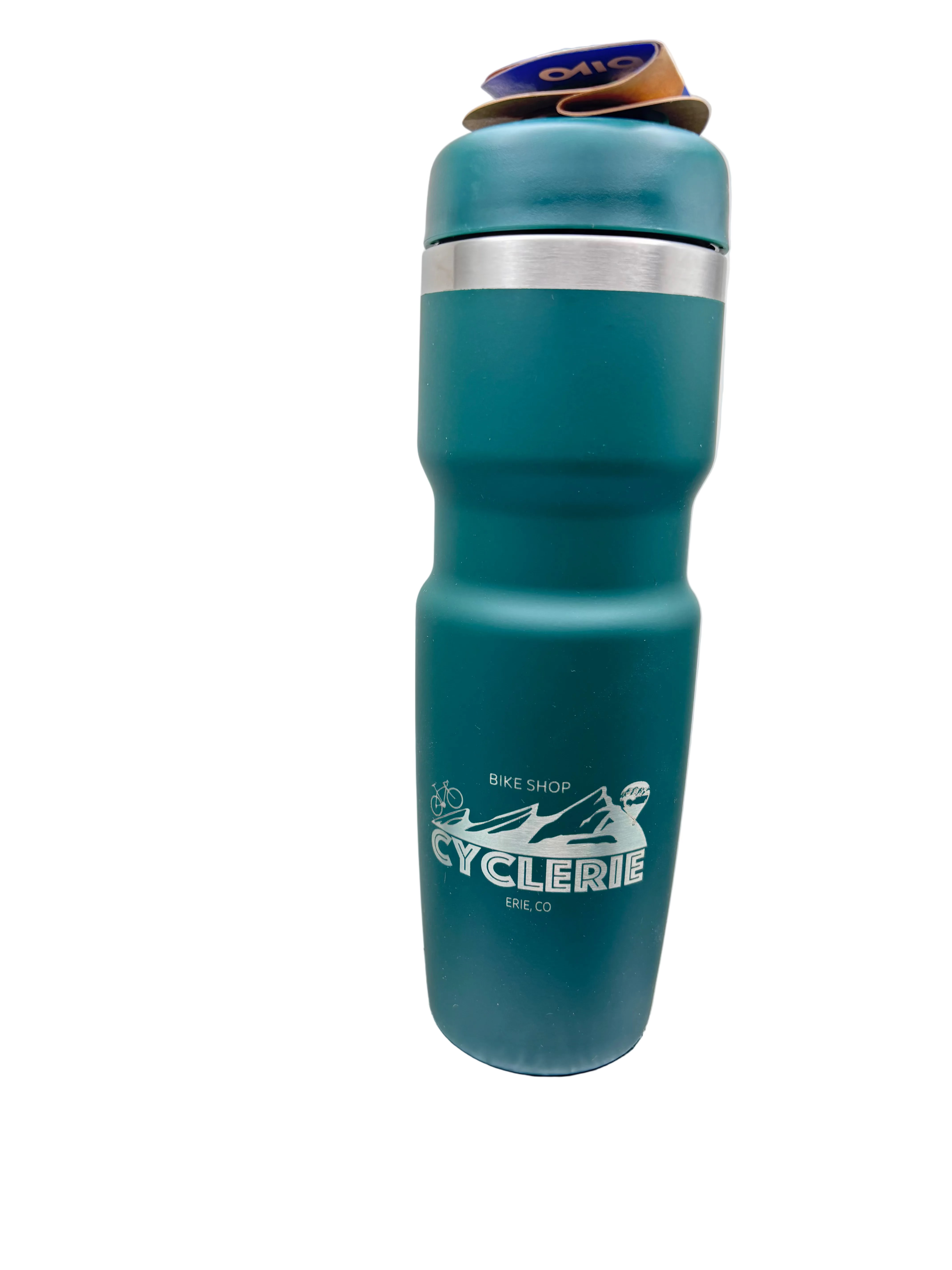 Teal water bottle with Colorado CyclErie Logo on a metallic surface