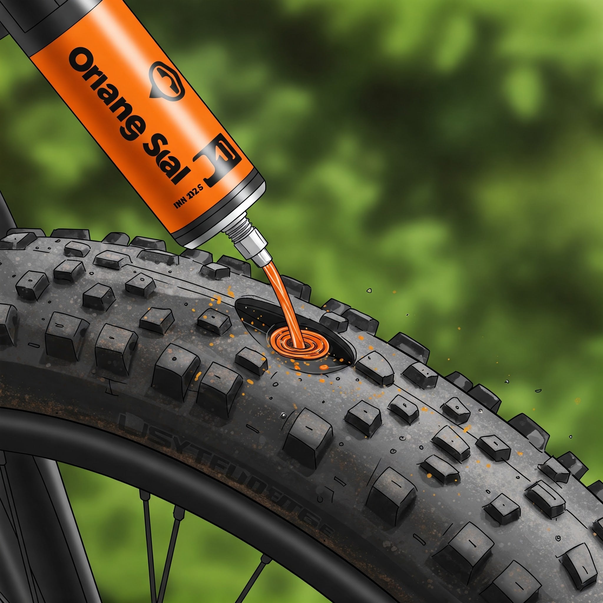 A CyclErie mechanic in a branded shirt carefully pours sealant into a tubeless mountain bike tire mounted on a rim, set on a workbench with various bike tools, including tire levers and a pump, while part of the mountain bike leans against the bench in a well-lit, professional workshop.