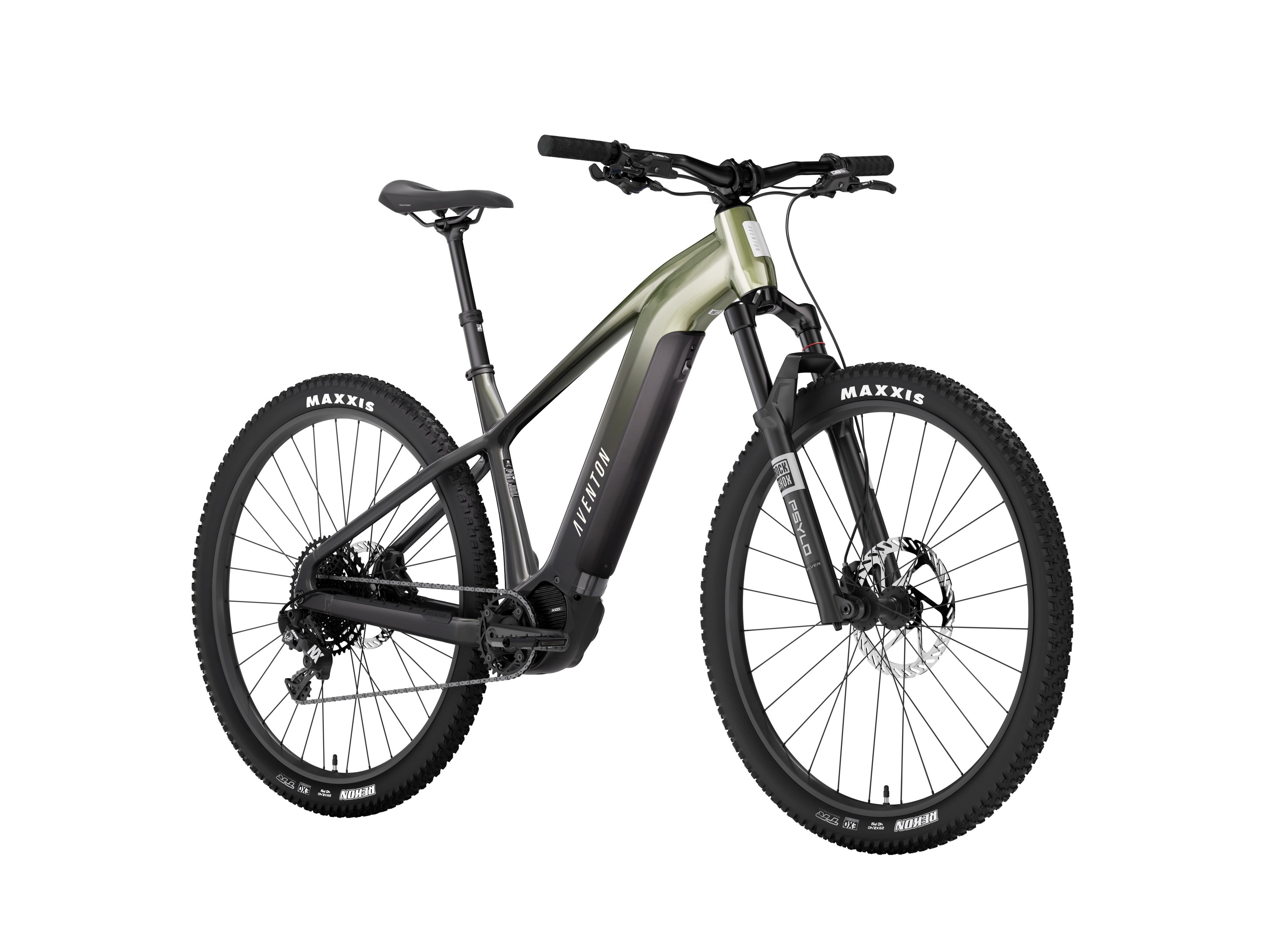 Rider using dropper seatpost and LCD display on Aventon Ramblas ADV electric mountain bike 20 MPH top speed – premium hardtail Class 1 eMTB on Colorado trail, available now at CyclErie Erie Colorado