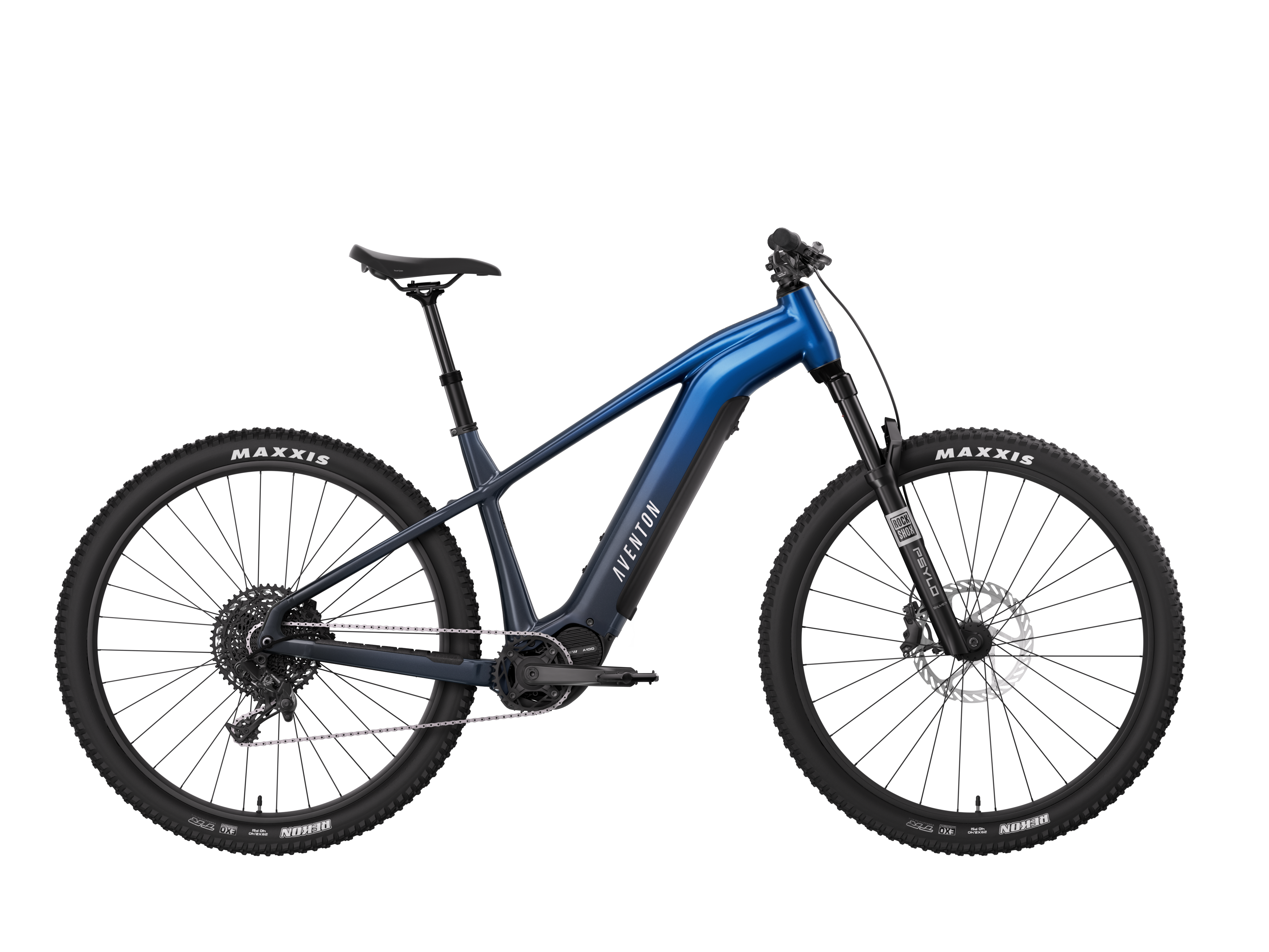 Close-up of Aventon A100 mid-drive motor and 100Nm torque on Ramblas ADV electric mountain bike – 20 MPH Class 1 eMTB hardtail with AUTO Mode terrain sensing, in stock at CyclErie Erie CO