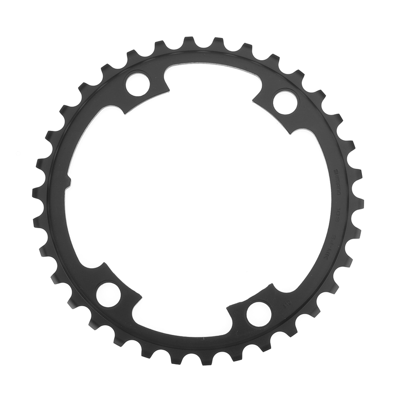 Silver aluminum chainring with 34 teeth, featuring the Shimano logo and model number.