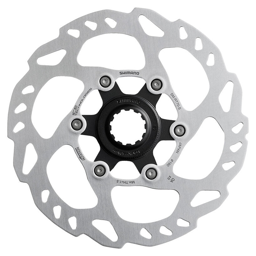 Shimano SM-RT70 Centerlock Disc Brake Rotor, featuring a silver rotor with the centerlock spline interface, available in various sizes.