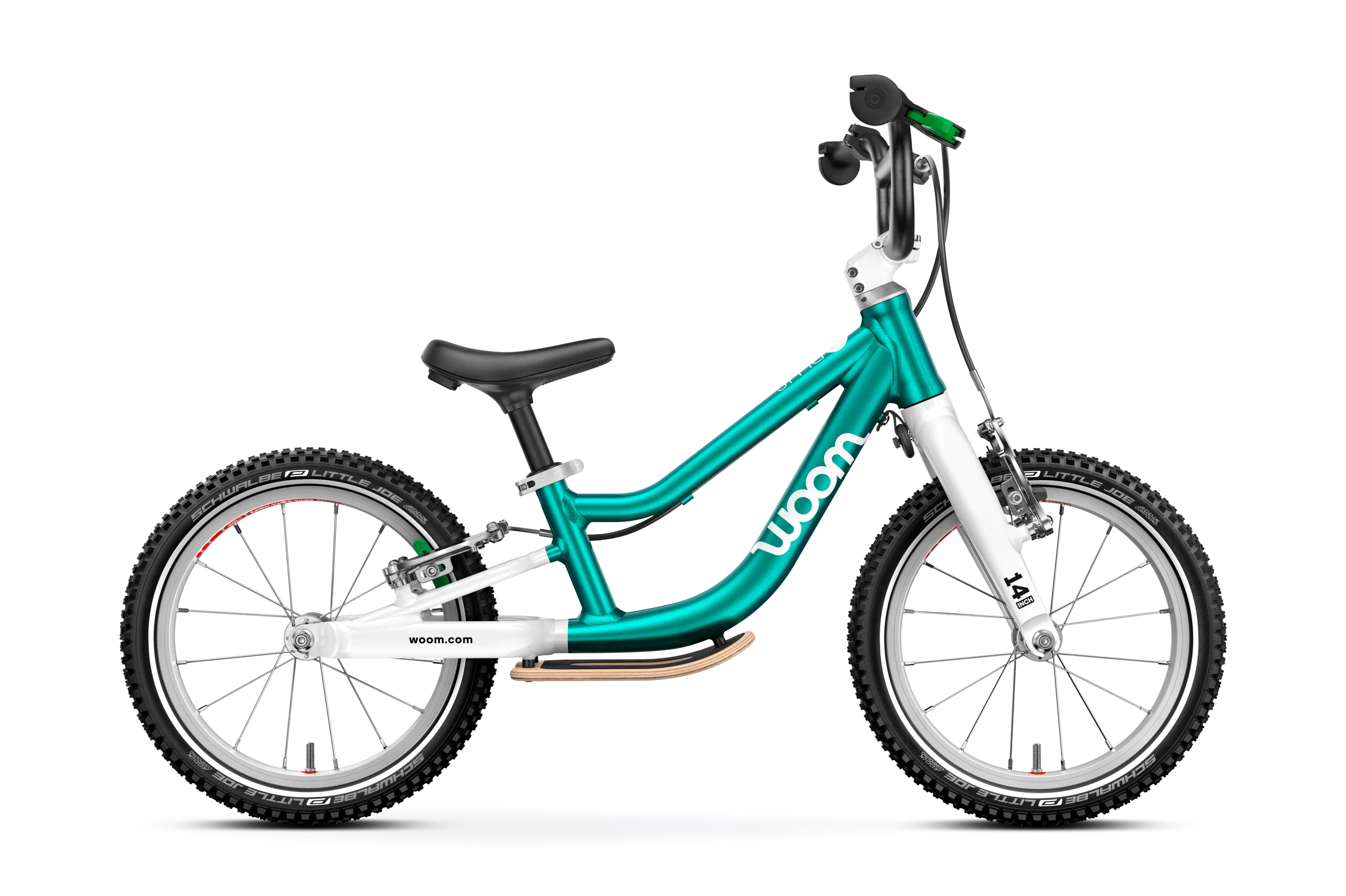 Woom Go 1 Plus Toddler Balance Bike in Metallic Turqoise with Footrest