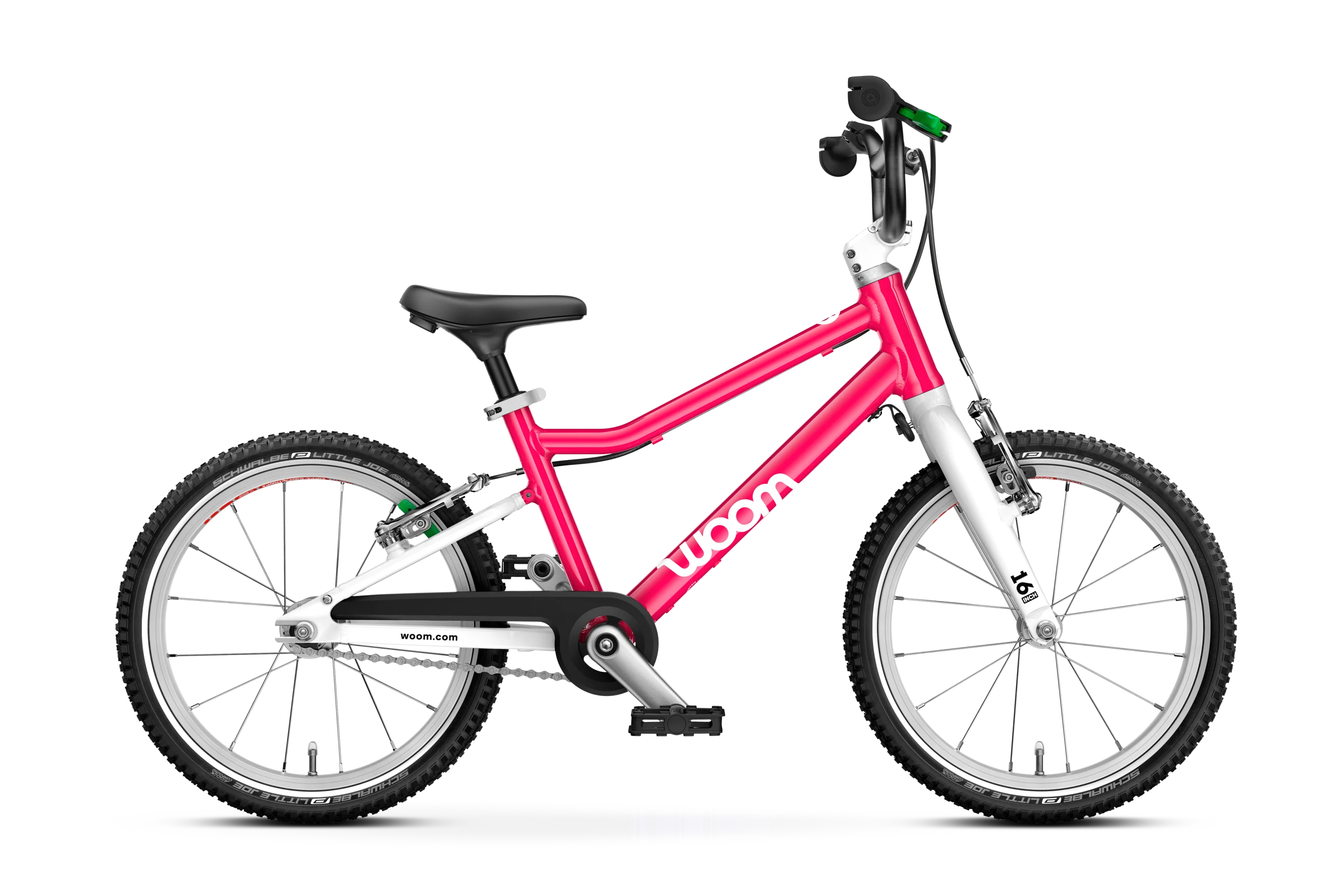 The Woom Go 3 is a pink and white lightweight kids’ bike for ages 4+, shown with training wheels and a kickstand. The “woom” logo appears on the frame, all set against a plain white background. Available at CyclErie.
