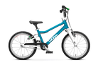 The Woom Go 3 from Woom, available at CyclErie, is a lightweight teal blue kids’ bike for ages 4+, featuring a white front fork, black seat and handlebars, training wheels, pedal brakes, and branded frame details.