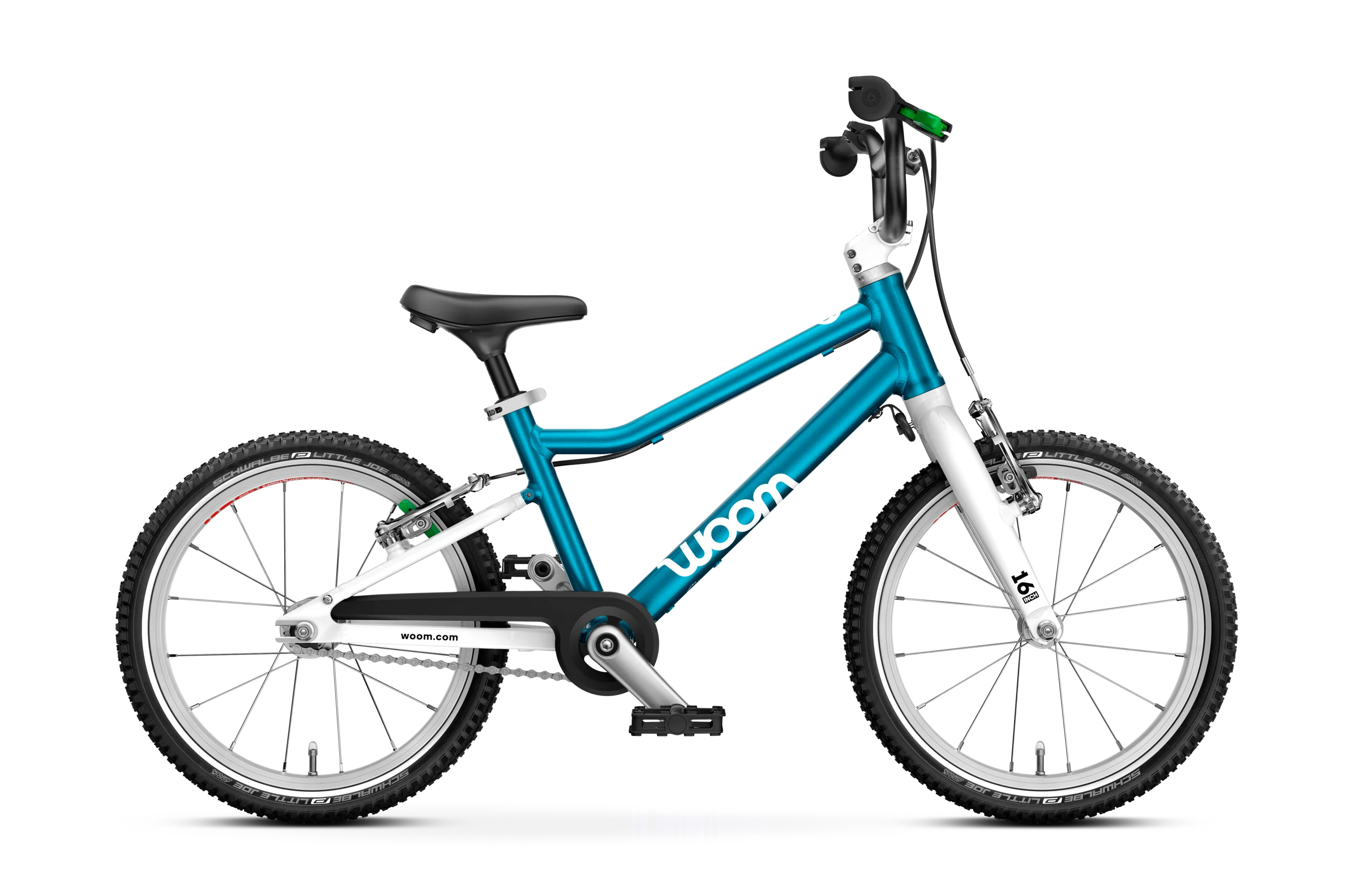 The Woom Go 3 from Woom, available at CyclErie, is a lightweight teal blue kids’ bike for ages 4+, featuring a white front fork, black seat and handlebars, training wheels, pedal brakes, and branded frame details.