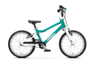 The Woom Go 3 is a teal and white kids’ bike by Woom with black seat and handlebars, two wheels, a chain guard, and lightweight design for ages 4+, available at CyclErie—ideal for young riders cycling adventures.