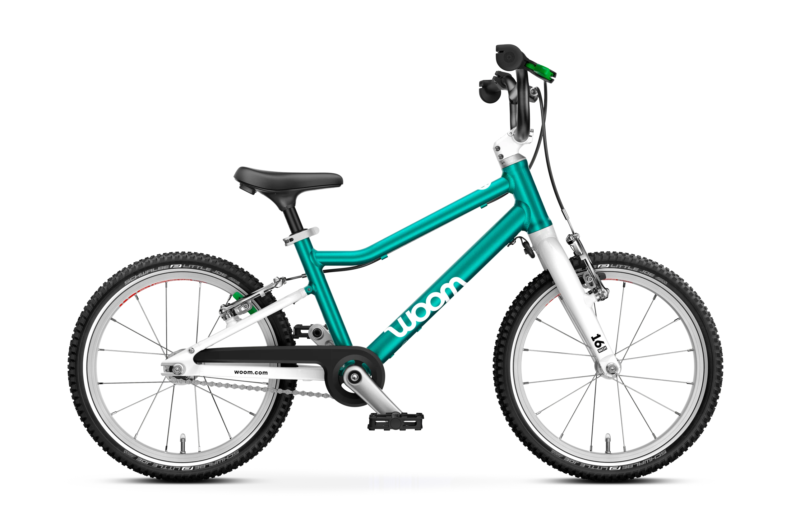 The Woom Go 3 is a teal and white kids’ bike by Woom with black seat and handlebars, two wheels, a chain guard, and lightweight design for ages 4+, available at CyclErie—ideal for young riders cycling adventures.
