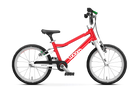 Red and white Woom Go 3 lightweight kids’ bike for ages 4+, with training wheels, black seat, and green grips, shown from the side on a white background. Available at CyclErie.