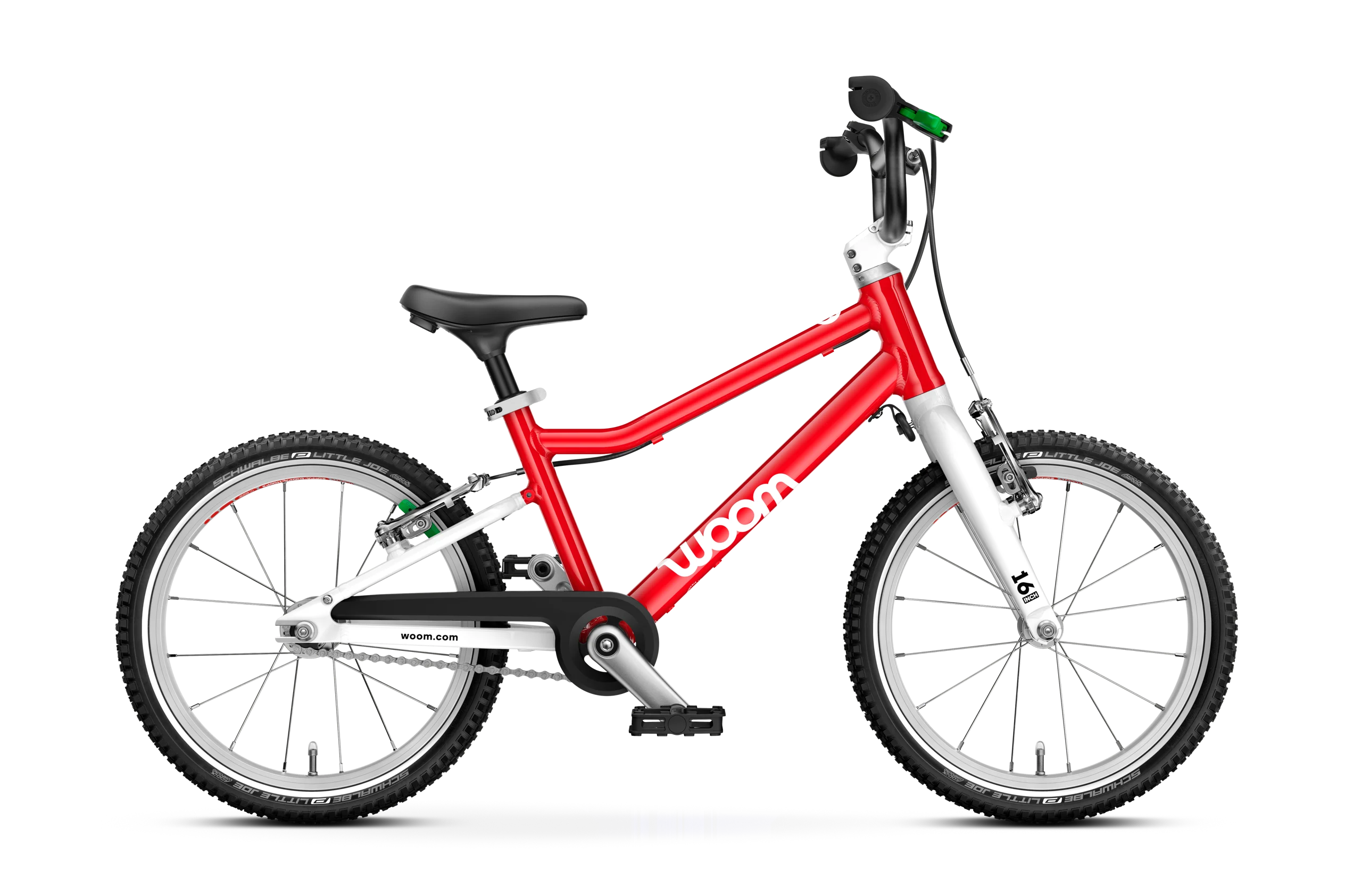 Red and white Woom Go 3 lightweight kids’ bike for ages 4+, with training wheels, black seat, and green grips, shown from the side on a white background. Available at CyclErie.