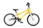 The Woom Go 3 from CyclErie is a lightweight kids’ bike for ages 4+ featuring a yellow frame, white fork, black handlebars and seat, 16-inch wheels, and woom in white on the frame—perfect for young riders.