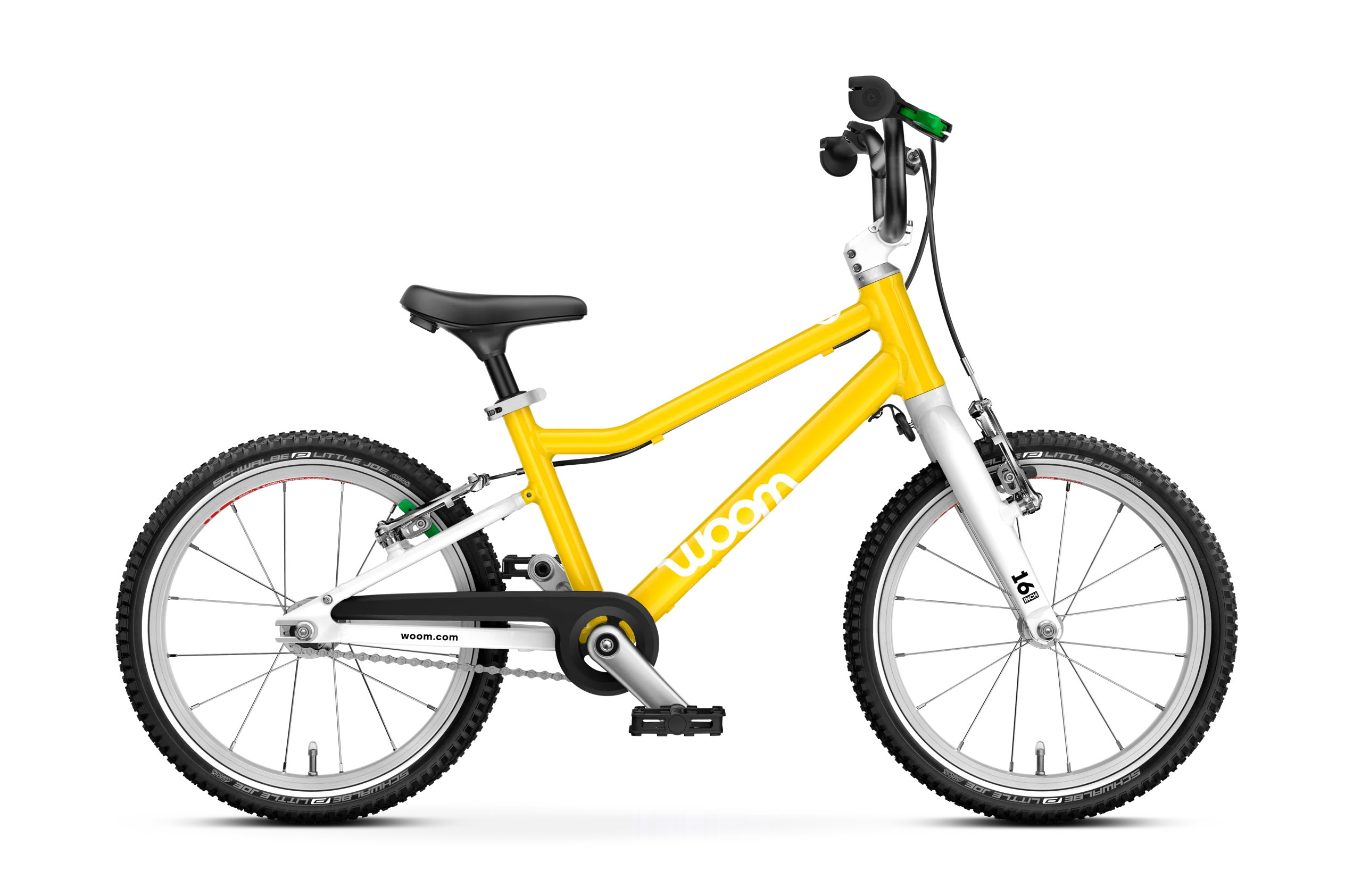 The Woom Go 3 from CyclErie is a lightweight kids’ bike for ages 4+ featuring a yellow frame, white fork, black handlebars and seat, 16-inch wheels, and woom in white on the frame—perfect for young riders.