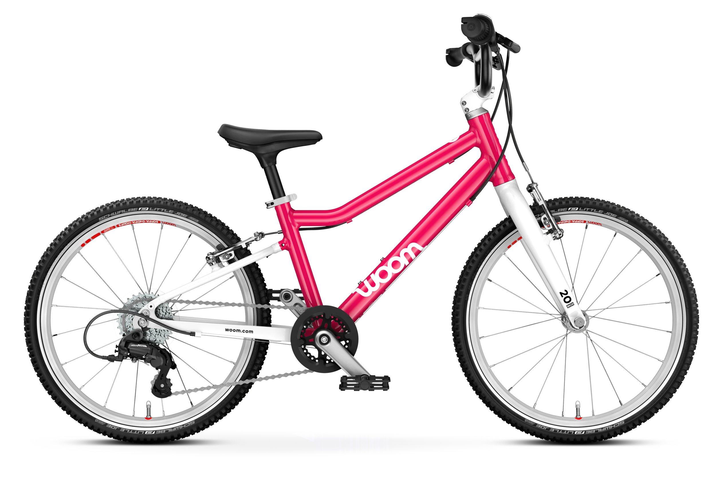 The Woom Go 4 is a pink and white lightweight kids bike for ages 6+ at CyclErie, featuring an ultralight aluminum frame, black seat and handlebars, two large wheels with white rims and red accents, and woom in white on the frame.