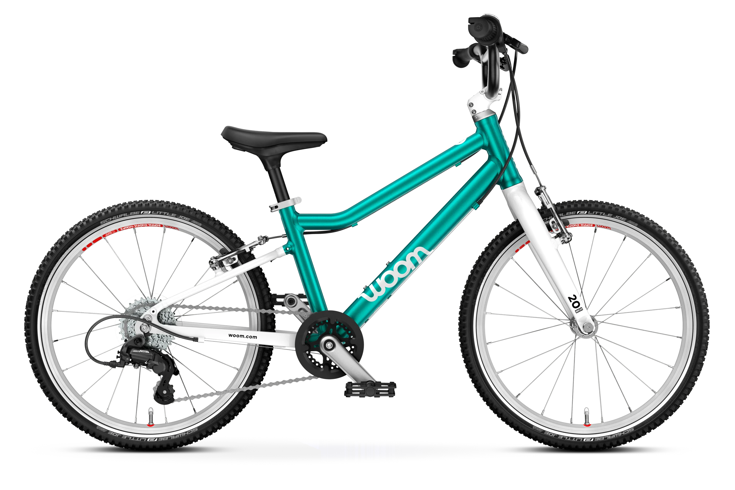 A teal and white Woom Go 4 kids’ bike with 20-inch wheels, black seat, and silver pedals is shown side view on white. The ultralight aluminum frame, branded Woom, is available for ages 6+ at CyclErie.