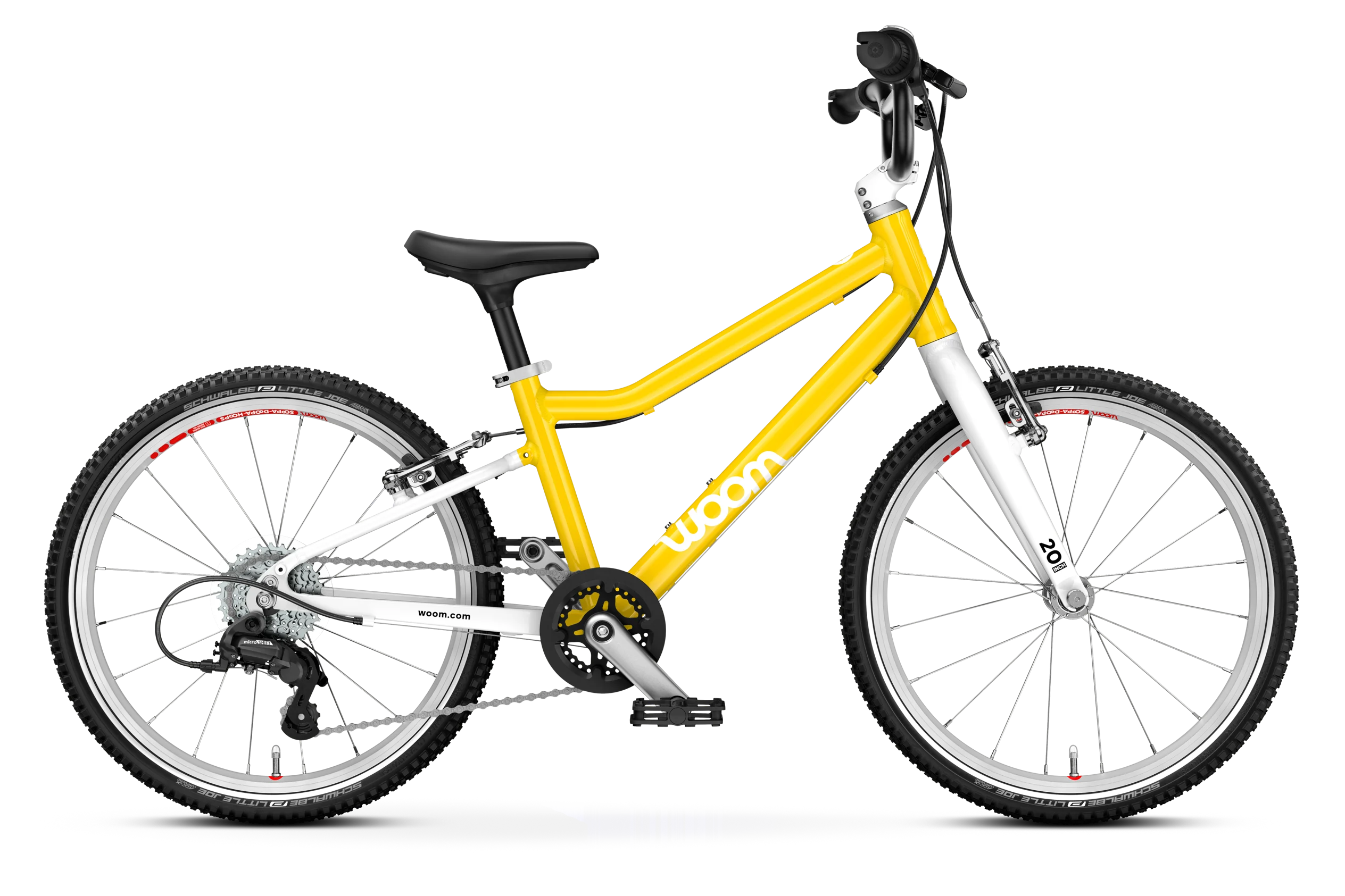 A yellow and white Woom Go 4 kids’ bike for ages 6+ at CyclErie, featuring an ultralight aluminum frame, black handlebars, saddle, tires, 20-inch wheels, front and rear brakes, and the Woom brand name on the frame.
