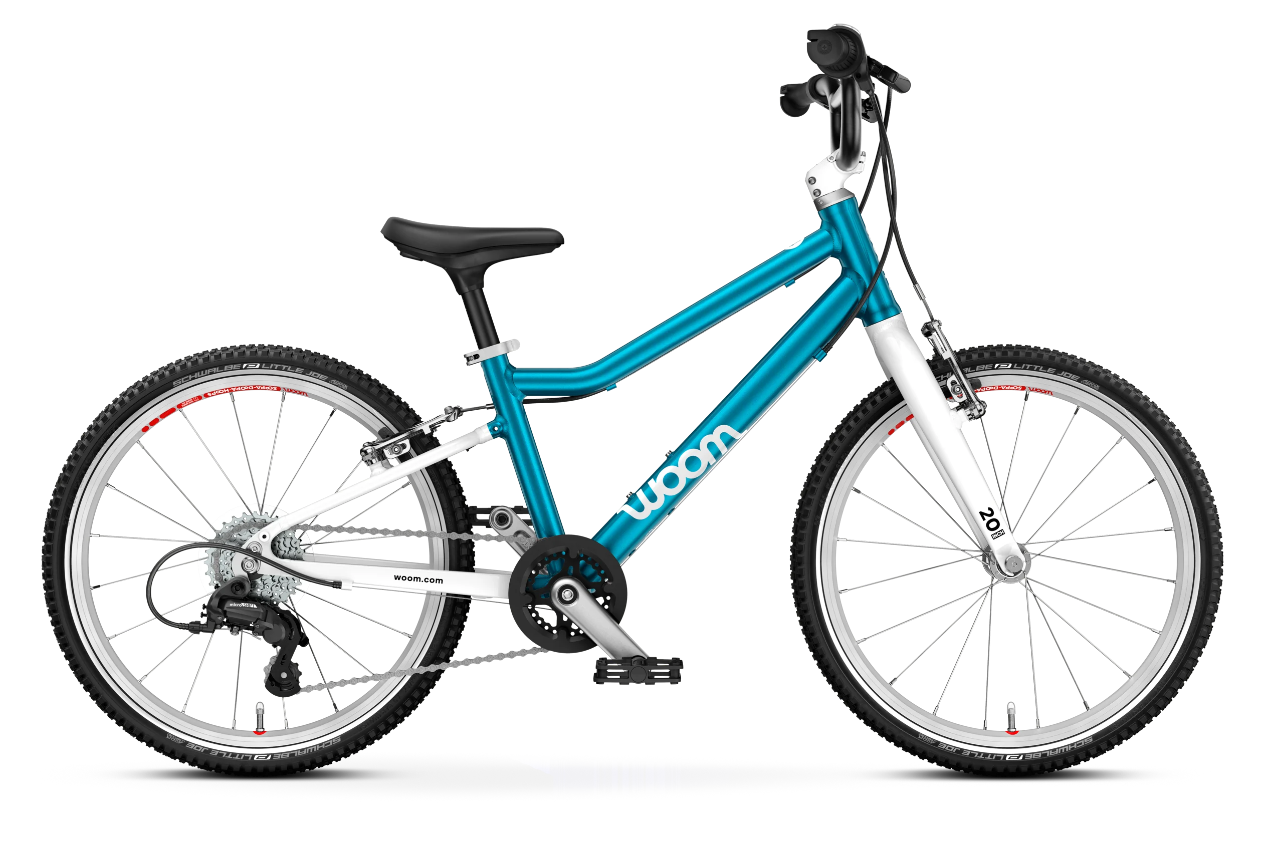The Woom Go 4 is a blue and white ultralight aluminum kids’ bike for ages 6+ at CyclErie, with a slanted top tube, black saddle and handlebars, white wheels with red accents, and the Woom brand name on the frame.