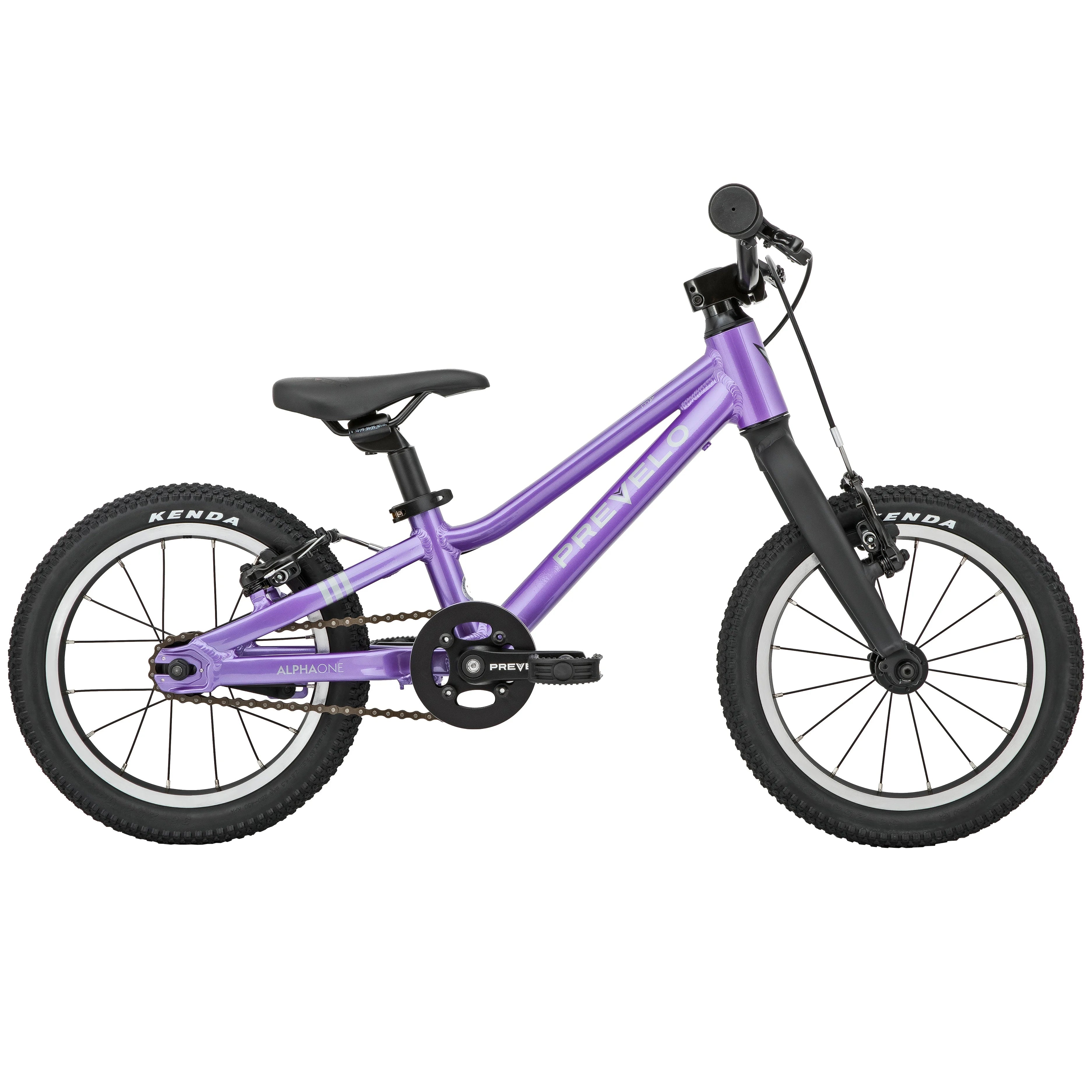A pre-loved Prevelo Alpha One 14-inch kids' bike in Power Purple, parked on a grassy trail, with a lightweight frame and knobby tires ready for adventure
