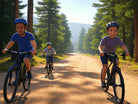 Cartoon animated illustration of three people riding eBikes on a dirt road lined with pine trees in Boulder County, all wearing helmets, showcasing an exciting eBike rental adventure from CyclErie on scenic trails.