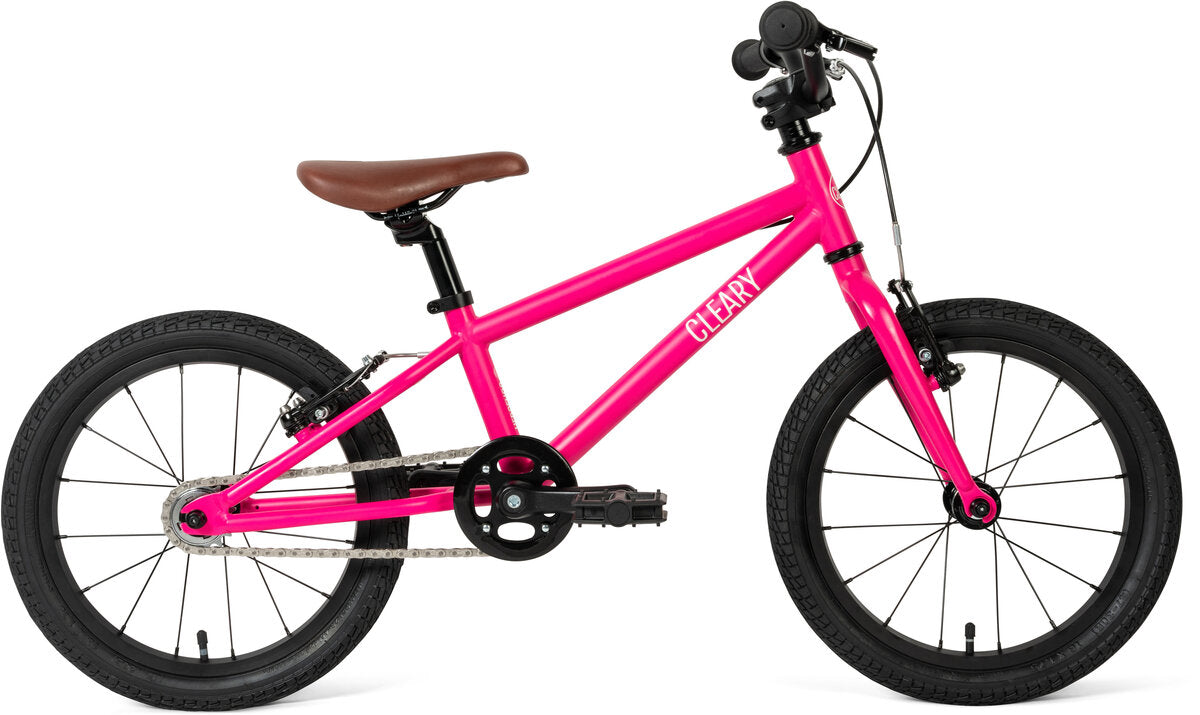 Pre-loved Punk Rock Pink Cleary Hedgehog 16-inch kids bike from CyclErie, faded vibrant color, ideal for Erie Community Park pump track and Valmont Bike Park dirt trails.