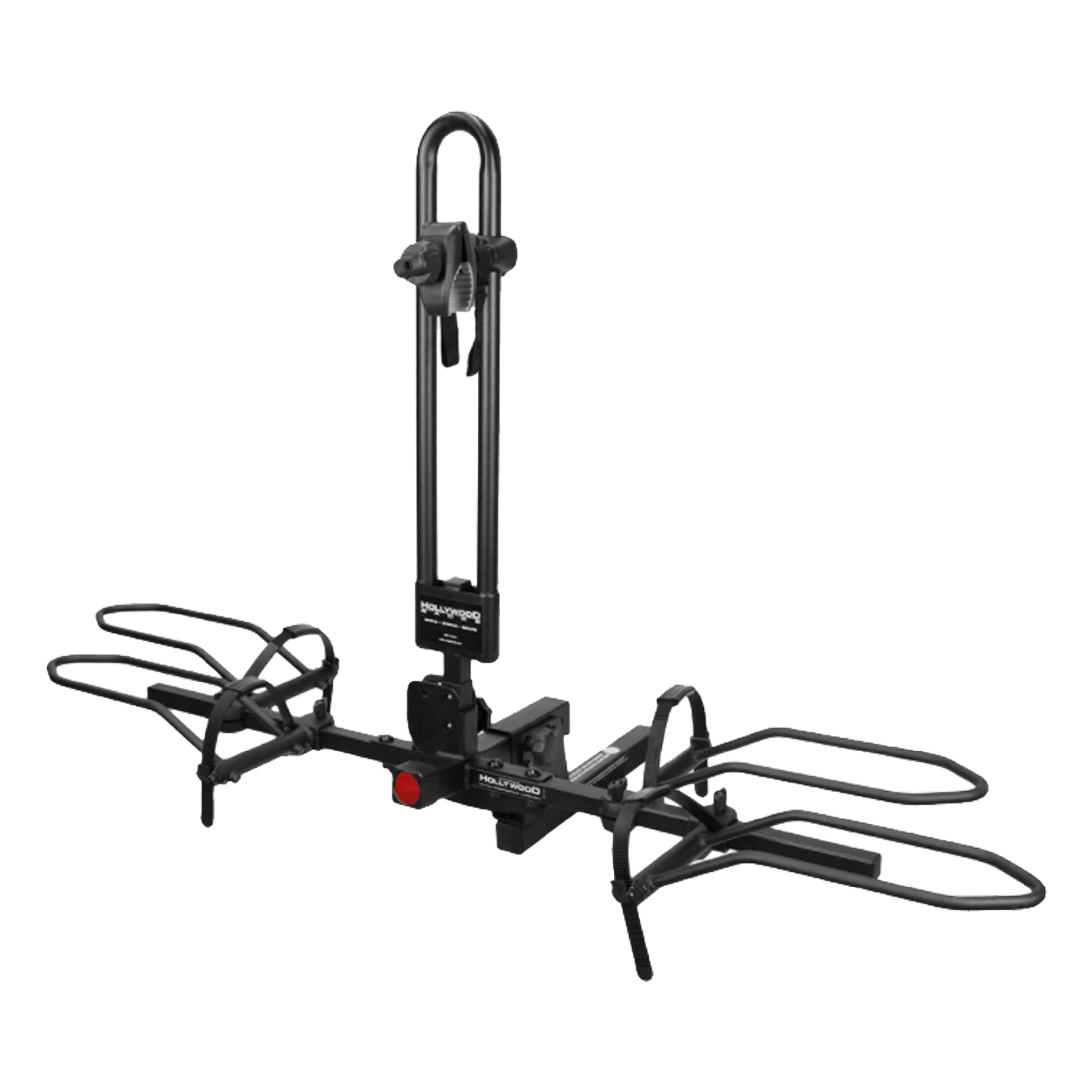 Hollywood RV Rider HRV1700 bike rack attached to an RV, securely holding two eBikes with wide tires.