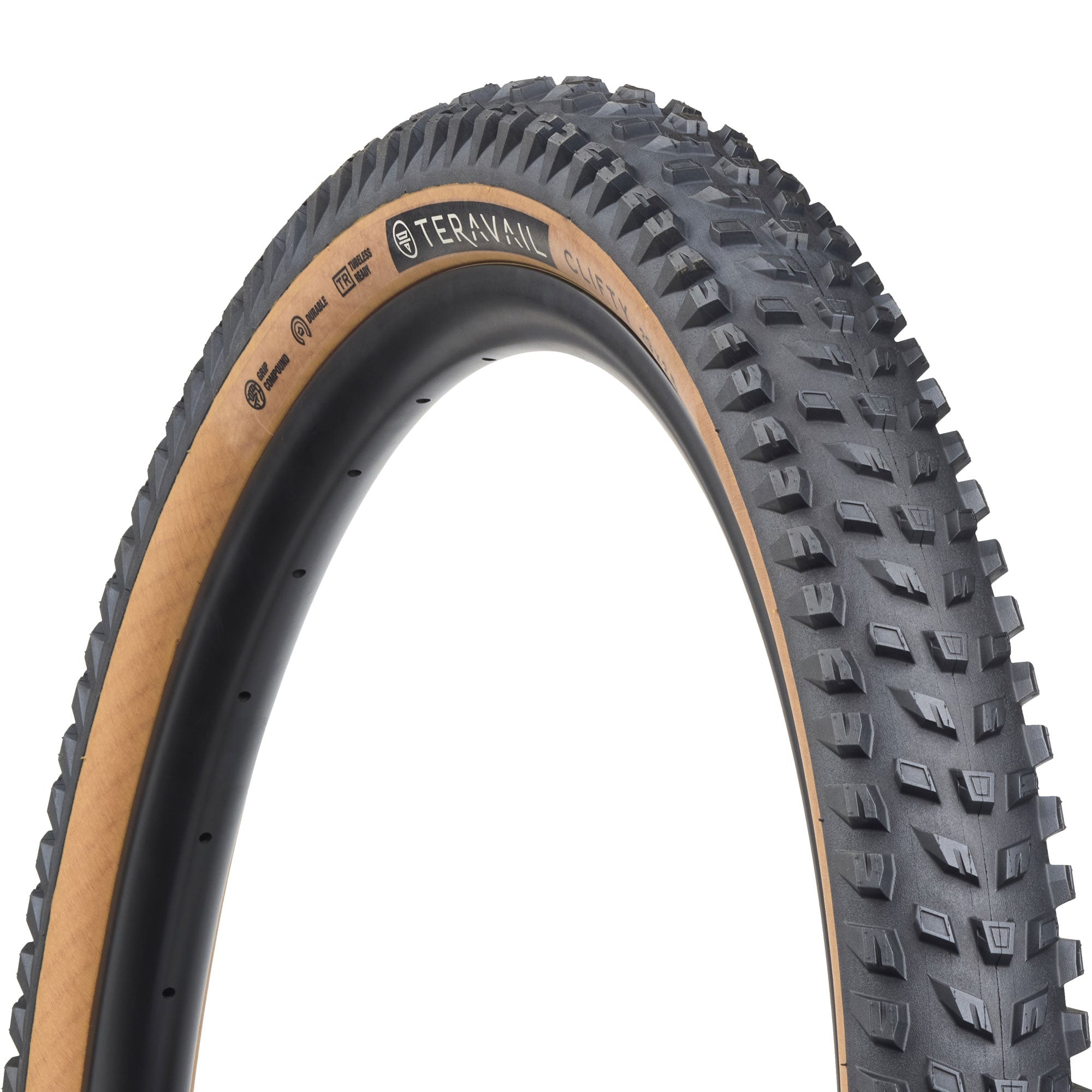 Teravail Clifty Tire on a mountain bike, displayed at CyclErie in Erie, Colorado, ideal for all-mountain trails in the Front Range with its tubeless design and durable grip compound.