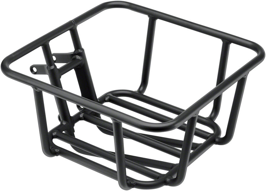The Benno Front Tray Basket - Black by Benno features a sturdy aluminum, open rectangular design with thick tubular bars and mounting brackets, perfect for adding durable storage to your Boost E bike rack or frame.