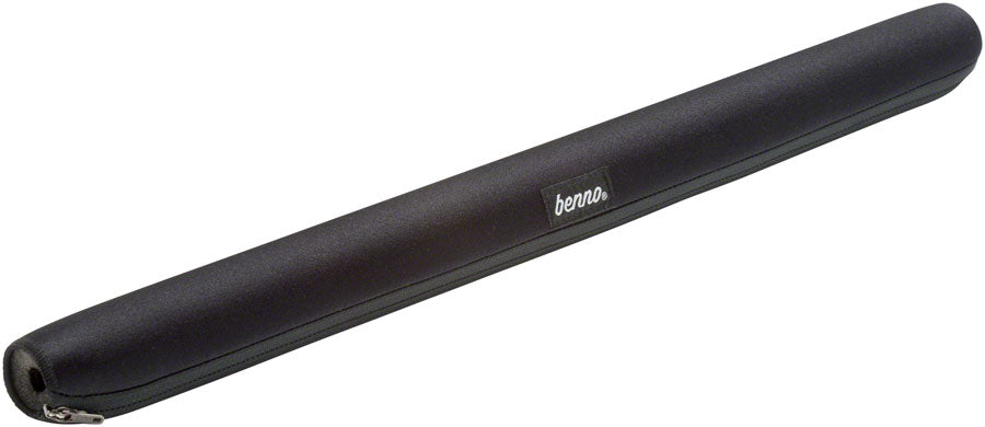The Benno Rail Pad - Single Carry On/Boost Black by Benno is a long, black handlebar cover with a zipper and side label—perfect for comfort and protection on your utility rack or wheel guards.