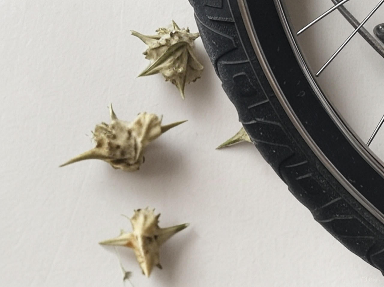 Goathead thorns causing a flat eBike tire. Cyclists worsts nightmare are the late summer and fall goathead flats