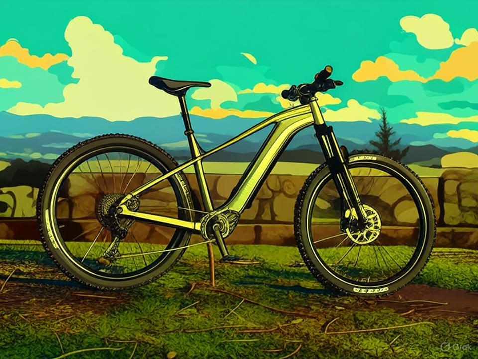 Vibrant Aventon Ramblas e-MTB 2025 in colorful landscape, featuring green frame, teal wheels, and orange flowers, ideal for CyclErie Erie CO trails