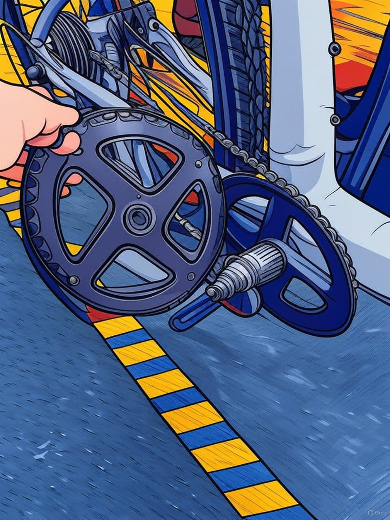 Cartoon of bike repair at CyclErie with chainring, drivetrain, and text