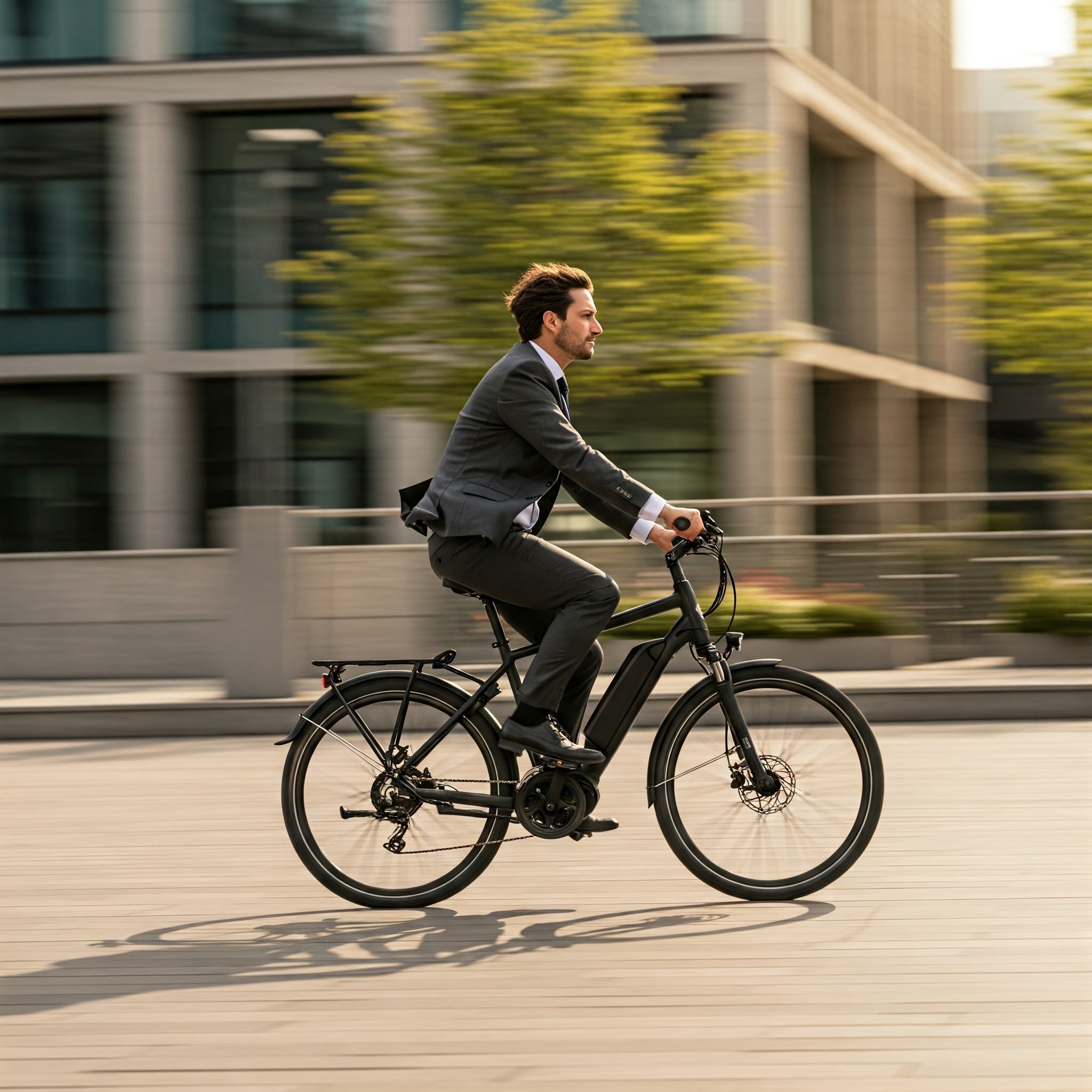 Man Riding an Electric Bicycle FAST in a business suit