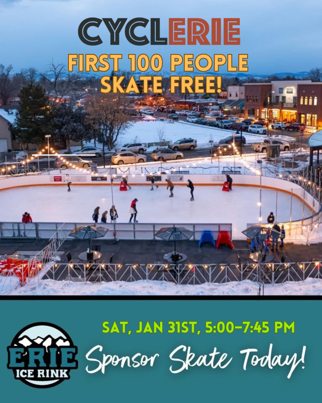 Cycle Erie sponsors Sponsor Skate at Erie Ice Rink! Join us Jan 24, 2026, 5-7:45 PM for free skating (first 100)