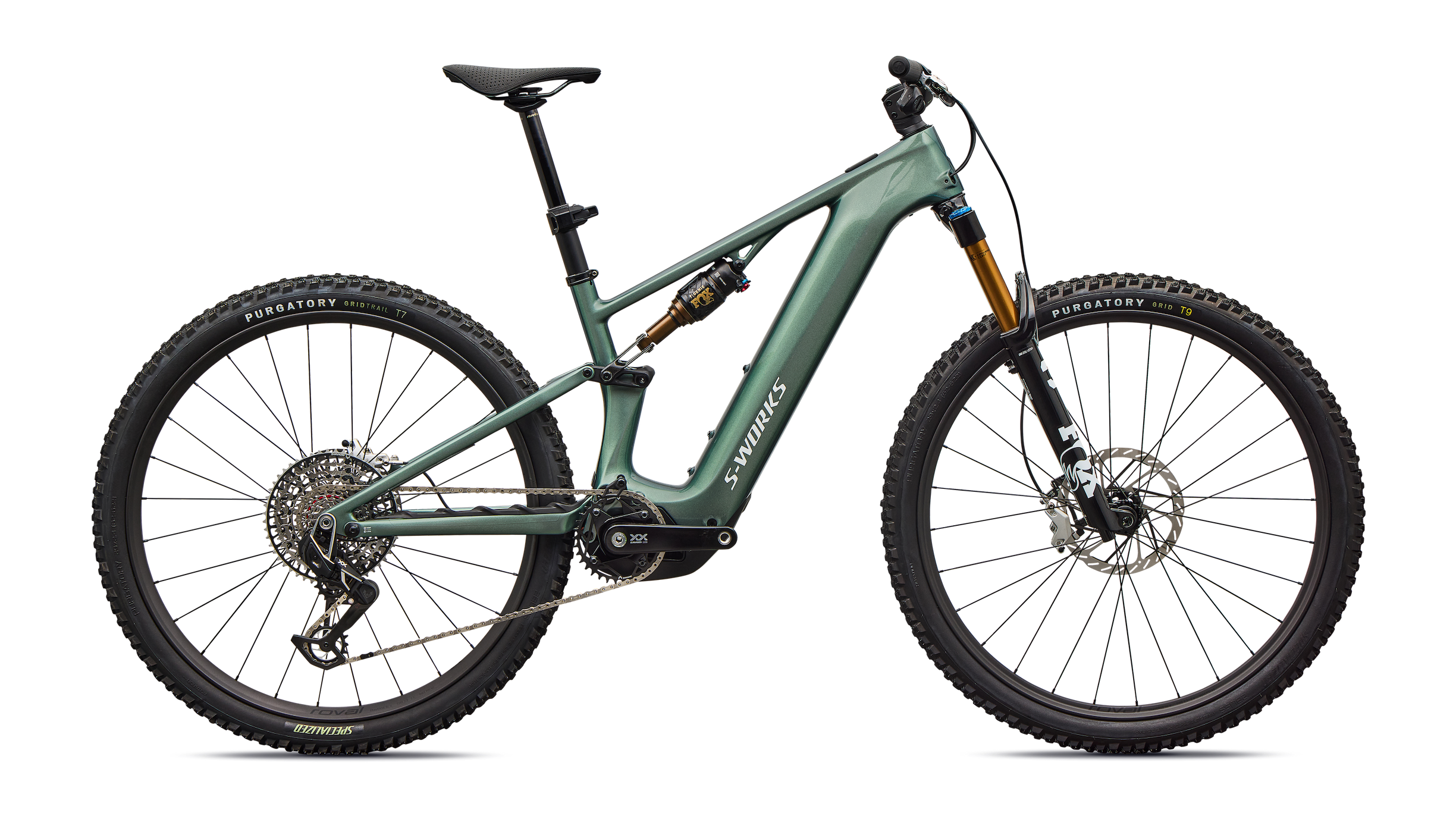 Flagship Specialized S-Works Turbo Levo R 20 MPH premium carbon eMTB in Gloss Fjord Metallic with FOX Factory GRIP X & GENIE at CyclErie