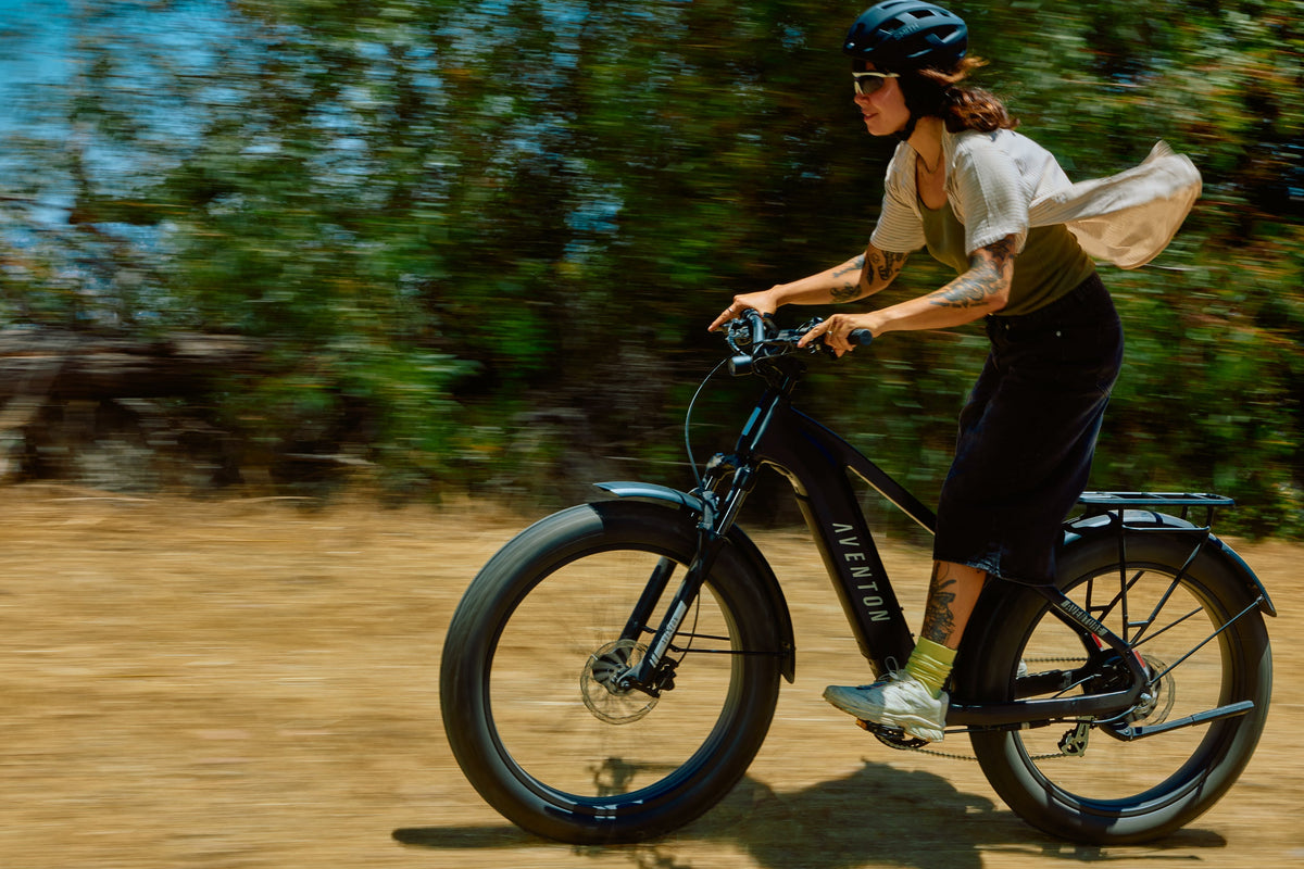 Aventon Aventure 3 fat tire ebike lifestyle photo, available at CyclErie in Erie, CO.