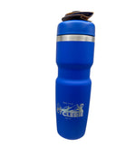 Blue water bottle with a CyclErie Logo Colorado on a textured surface