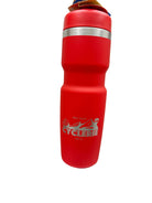 Red water bottle with a CyclErie Colorado logo on a White Background