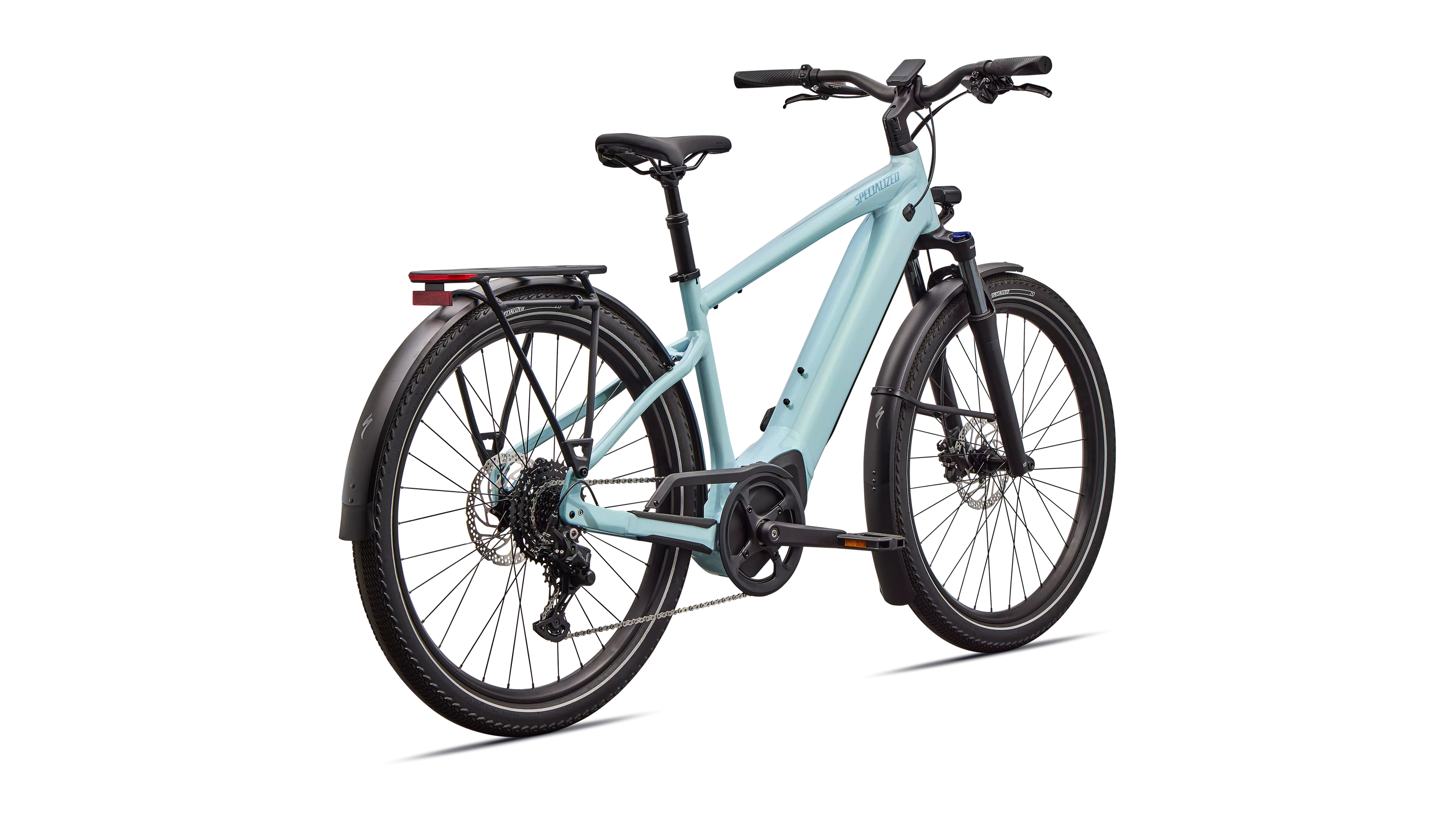 Specialized Turbo Vado 4.0 in Cast Black/Rocket Red – sleek step-through frame with integrated 710Wh battery, DRYTECH fenders, and bright LED headlight on a Colorado Front Range bike path at sunset.