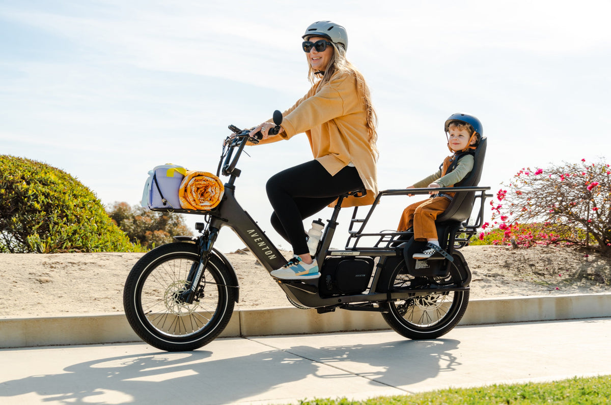 Riding the Aventon Abound LR cargo ebike, available at CyclErie in Erie, CO.